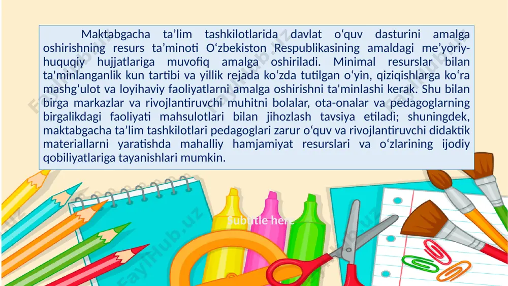 bolalar salomatligi va xavfsizligini qanday ta'minlashi va ularning ta'limini yaxshilashiga ta'sir qiladi. pedagog barcha bolalarni uyda ham, tashqarida ham ko‘rishi va xona jihozlarining "ko‘rinmas joylar" yaratadigan tarzda joylashtirilmasligini ta'minlashi kerak. davlat o‘quv dasturini amalga oshirish sanpinda mustahkamlangan xavfsizlik qoidalariga muvofiq amalga oshirilishi kerak. subtitle here qurish, konstruksiyalash va matematika: bu markazni zonalash muhim, shunda uning yonidan o‘tayotganlar qurilmalarni buzib yubormaydi. bo‘sh joy yetishmagan taqdirda bu markazni yotoqxonada ham joylashtirish mumkin. syujetli-rolli o‘yinlar va sahnalashtirish: ushbu markaz yonma-yon joylashtirilishi yoki birlashtirilishi mumkin. agar markazda yumshoq modulli mebel, shuningdek, oshxona mebellari mavjud bo‘lsa, markaz dam olish joyi sifatida ham xizmat qilishi mumkin. til va nutq: ushbu markaz guruhning eng tinch qismida, bolalar faol faoliyati zonasidan uzoqroqda joylashgan bo‘lishi mumkin. ushbu markazda bolalar uchun kichik kutubxona ham bo‘lishi mumkin. agar bolalar modulli yumshoq mebellari mavjud bo‘lsa, kitoblarni o‘qish va ko‘rish uchun kichikroq joy ajratish mumkin. subtitle here fan va tabiat: bu markazni tabiiy …