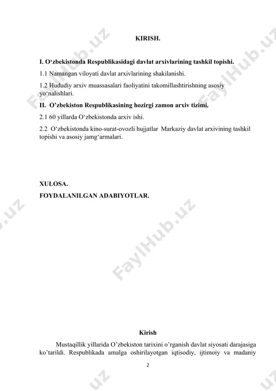 nchidan, mustaqillikka qadar sovet davri ijtimoiy-siyosiy sharoitda o’zbekistonda arxiv ishini ilmiy o’rganishga,tarixiy faktlarga xolis yondoshish hamda mahalliy xalqning milliy qadryatlarining to’g’ri talqin qilishga davr siyosati imkon bermagan. uchinchidan, mustaqillik davrining dolzarb vazifalari arxiv idoralarining ijtimoiy funksiyalarini qayta baholash zaruriyatini keltirib chiqardi. bugungi kunda arxivlarning xalqimiz madaniy mersoni saqlovchi ma’naviy boylik markazi sifatida o’rganilishi, ularning davlat hamda jamiyat hayotidagi ahamiyatini tushunib yetish va ko’rsatib berish dolzarb masalalardan biri hisoblanadi. hozirda arxiv muassasalarini millat ma’naviy potensialini oshirishning yetakchi dastagi hamda ma’naviy axloqiy takomilashuvi kalitlaridan biri sifatida safarbar qilingan. shu ma’noda birinchi prezidentimiz islom karimov asosli ravishda takidlaganidek “modomiki o’z tarixini bilgan,undan quvvat oladigon xalqni yengib bo’lmas ekan. biz haqqoniy tariximizni tiklashimiz, xalqimizni, millatimizni anashu tarix bilan qurollantirishimiz zarur”. o’zbekiston respublikasining mustaqillik sharoitida jamiyatning barcha sohalarida, jumladan, arxiv ishi sohasida ham tubdan farq qiladigon islohotlar amalga oshirilmoqda. xususan ushbu davrda o’zbekistonda arxiv ishini tashkil etish,boshqarish, arxiv hujjatlarini jamlash, butlash, ularni saqlash, hujjatlardan foydalanishni …