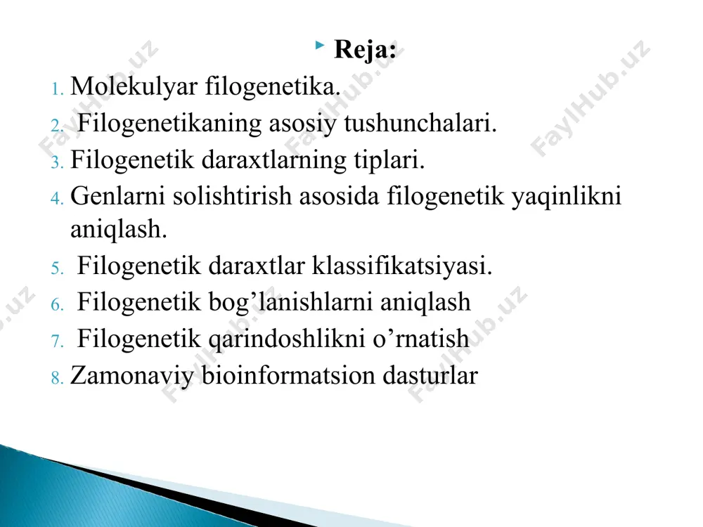 ladi. shajara daraxti oʻsimlik va hayvonlarning umumiy bir ildizdan kelib chiqqanligi; turli xil formalar yerdagi hayot tarixining har xil davrlarda shoxlanish orqali asta-sekin taraqqiy etganligini aks ettiradi. organizmlar filogenetik qayta tuzilishlarining adaptiv xarakterini belgilovchi asosiy kuch tabiiy tanlanish hisoblanadi. filogenetik shajara barcha oʻzgarishlarning birlamchi negizida divergensiya va filetik evolyutsiya, soʻng esa parallelizm va konvergensiya yotadi. organizm har xil guruhlarining filogenezi bir xilda oʻrganilmagan, bu qazilma qoldiklarning har xil darajada saqlanganligi va mazkur guruxlarning qanchalik qadimiyligi bilan bogʻliq. umurtqali hayvonlar (ayniqsa, yuksak guruhlari) va yuksak oʻsimliklar filogenezi, umurtqasiz hayvonlardan esa mollyuskalar, ignaterililar, boʻgʻimoyoqlilar filogenezi nisbatan yaxshi, prokariotlar va tuban oʻsimliklar filogenezi kamroq oʻrganilgan. filogenetik daraxt organizmlar oʻrtasidagi evolyutsion aloqalarni ifodalovchi diagrammadir. filogenetik daraxtlar aniq faktlar emas, balki farazlardir. filogenetik daraxtdagi shoxlanish qonuniyati turlar yoki boshqa guruhlarning umumiy ajdoddan qanday kelib chiqqanligini koʻrsatadi filogenetik daraxtdagi turlarning umumiy ajdodi qanchalik yaqin boʻlsa, ular shunchalik yaqin qarindosh, umumiy ajdodi qanchalik uzoq boʻlsa, ular shunchalik …