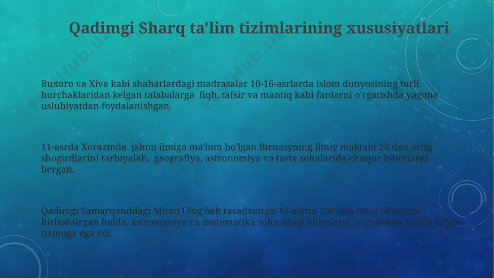 madrasalarda xalq pedagogikasi elementlari diniy ta'lim bilan birgalikda qo'llanilgan, masalan, hikoyalar va afsonalar orqali axloqiy tarbiya berish. sharqiy uyg'onish davrining birinchi davri (xv asr)da samarqand va buxoro kabi yirik shaharlarda 20 dan ortiq maktablar faoliyat yuritgan bo'lib, ularning o'quv dasturida xalq og'zaki ijodining keng qo'llanilishi kuzatilgan. xalq pedagogikasi va adabiyot aloqalari 18-19 asrlarda turkiston hududida yuzaga kelgan maqol va hikmatlar, dostonlar xalq pedagogikasining adabiy ifodasi bo`lib, 300 dan ortiq qo`lyozma shaklida saqlangan. xv-xvi asrlarda buxoro va samarqanddagi madrasalarda xalq pedagogikasi tamoyillarining adabiyotga, ayniqsa, didaktik she’riyatga ta’siri sezilarli darajada kuchaygan. xix asr oxiri – xx asr boshlarida xalq pedagogikasi va adabiyot aloqalarini o'rganishda 20 ga yaqin rus olimlari tomonidan turli tadqiqotlar olib borilgan. ikkinchi sharqiy uyg'onish davrida xalq pedagogikasi xorazm viloyatining 17-asrga oid manbalarida 30 ga yaqin xalq an'analari va urf-odatlari ta'lim jarayonida qo'llanilganligi haqida ma'lumotlar mavjud. ikkinchi sharqiy uyg'onish davri (15-17-asrlar)da samarqand va buxoro madrasalarida 20 dan ortiq qo'lyozma manbalarda …
