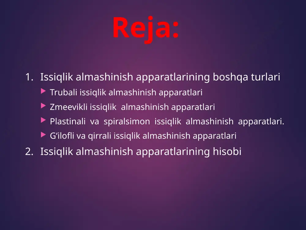 . bunday isitkichlar qobiq (kojux) ichiga joylashgan trubalar to‘plamidan iborat bo‘lib, trubalarning uchlari to‘rlarga maxkamlangan bo‘ladi. apparatning yuqorigi va pastki qismlaridagi qopqoq flanets yordamida truba to‘ri biriktiriladi. yuqorigi va pastki qopqoqlarga isitilayotgan yoki sovitilayotgan agentlarni berish uchun shtutser mo‘ljallangan. trubalar to‘rlarga razvaltsovka, payvandlash, kavsharlash va salg‘niklar yordamida biriktirilishi mumkin. issiqlik tashuvchi agentning birinchisi trubalarning ichidan, ikkinchisi esa trubalar va apparatning ichki devori oraligidagi bo‘shliqdan harakat qiladi. quyidagi rasmda bir yo‘nalishli kojux-trubali issiqlik almashinish apparati kursatilgan. bunda isitiluvchi gaz yoki suyuqlik qopqoq- dagi patrubka orkali bitta trubadan kirib, usha trubadan chikib ketadi. bir yo‘lli kojux-trubali issiqlik almashish apparati. 1- qobiq, 2-truba to‘rlari, 3-trubalar, 4-qopqoq, 6-issiqlik agentlari kiradigan va chiqadigan shtutserlar, 7-bolg‘t, 8-qistirma. ko‘p yo‘lli kojux-trubali isitkichlar i – ii – issiqlik tashuvchi agentlar; 1-qopqoq, 2- ko‘ngdalang to‘siqlar harorat yuqori bo‘lganda qobiq va trubalarni uzayishini hisobga oluvchi kojux-trubali isitkichlar a) linza kompensatorli, b)-harakatchan qalpoqchali, v) u-simon trubali; 1-qobiq, 2-trubalar, 3-linzali kompensator, 4- …