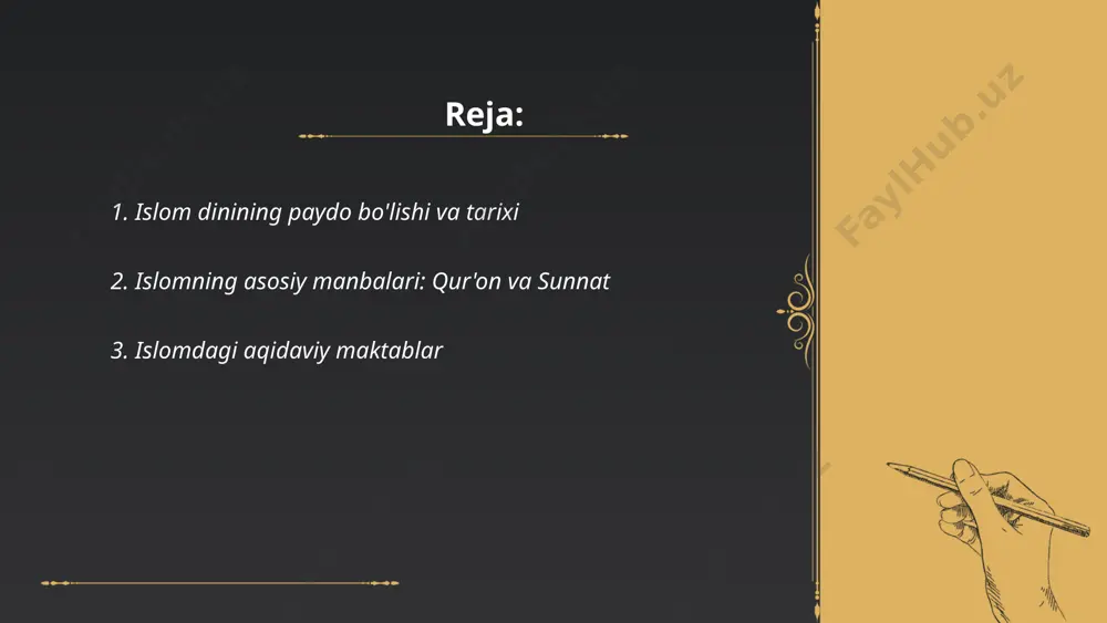 agi aqidaviy maktablar asosan uchta: sunniy, shia va xorijiy. sunniylar uch asosiy maktabga bo'linadi: ash'ariy, maturidiy va salafiy. ash'ariy maktabi abu al-hasan al-ash'ariy tomonidan asos solingan va rasman ix-x asrlarda rivojlangan. maturidiy maktabi abu mansur al-maturidiy tomonidan tashkil etilgan va x asrda samarqandda rivoj topgan. shia maktabi asosan imomiylik va ismoiliylik bo'linmalariga ega. islom aqidasida ushbu maktablar qur'on va hadislarga tayanib, imonsiz jamiyat va siyosatdagi muammolarni muhokama qiladilar. xorijiylar - ilk islomiy sektadan tashkil topgan aqidaviy oqim bo'lib, ularni radikalliklari va davlat tashabbuslariga oʻzgacha qarashlari bilan ajralib turadi. ... t.me/slaydai_bot 4. ash'ariyona va moturidiyona aqidalar ash'ariyona va moturidiyona aqidalari islom ilohiyotidagi ikki asosiy ta'limot bo'lib, bu ikki oqim mo'tadil e'tiqodni saqlashga qaratilgan. ash'ariyona, abu al-hasan al-ash'ariy (873-935) tomonidan asos solingan, aqida asoslarini aql va naql uyg‘unligida izohlaydi. moturidiyona esa, abu mansur al-moturidiy (870-944) tamonidan tashkil topgan bo'lib, ko'proq aqlga tayanish bilan farqlanadi. ular islomdagi aqida masalalarini hal qilishda turlicha yondashuvlarga …