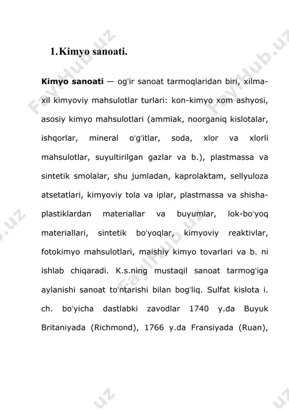 fargʻona kimyoviy tolalar zavodida kaprolaktamni qayta ishlab, kapron va iplar tayyorlashga imkon beradigan quvvatlar bor. k.s.da gidroliz korxonalari ikkinchi jahon urushidan keyingi yillardan qurila boshladi. fargʻona furan birikmalari (1946), yangiyoʻl biokimyo (1952), andijon gidroliz (1953) zavodlarida asosiy xom ashyo — chigit shulxasi, sholi qobigʻidan texnik etil spirti, furfurol, ozuqa achitqilari (hamirturush), furil spirti, ksilit, laprol va b. mahsulotlar ishlab chiqarildi. 90-y.lar boshidan bu korxonalarda gʻalladan oziqovqat (etil) spirti i.ch. oʻzlashtirildi: "andijon biokimyo zavodi" aj (sobiq gidroliz zavodi) da yillik quvvati 915 ming dal (1994), "qoʻqonspirt" ajda 1800 ming dal (1995) va "yangiyoʻl biokimyo zavodi" ajda 915 ming dal (1996) etil spirti ishlab chiqaradigan yangi quvvatlar ishga tushirildi. 1. sanoatni rivojlantirish, texnik va texnologik yangilanish - davr talabi. bugungi kunda o‘zbekiston jadal sur'atlar bilan rivojlanayotgan, ijtimoiy yo‘naltirilgan bozor iqtisodiyotiga ega mamlakatdir. davlatimiz rahbariyati tomonidan tanlab olingan taraqqiyot strategiyasi raqobatdosh, eksportbop hamda import o‘rnini bosuvchi, yuqori qo‘shimcha qiymatga ega mahsulotlar ishlab chiqarishga …