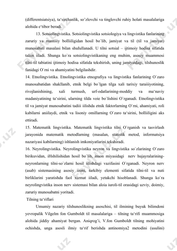 oіa іuroli-til orasidagi uzviy, doimiy, zaruriy munosabatni yoritadi. tilning ta‘riflari umumiy nazariy tilshunoslikning asoschisi, til ilmining buyuk bilimdoni yevropalik vilgelm fon gumboldt til masalalariga – tilning ta‘rifi muammosiga alohida jiddiy ahamiyat bergan. aniqrog’i, v.fon gumboldt tilning mohiyatini ochishda, unga asosli ilmiy ta‘rif berishda antinomiya2 metodini (usulini) qo’llaydi. ya‘ni u antinomiya usuli orqali tilning mohiyatini, tabiatini ilmiy yoritib berishga harakat qiladi va bu jarayonda til sistemasiga nisbatan bir qator antinomiyalarni qayd etadi. bular: 1.til va tafakkurning o’zaro dialektik munosabati, ya‘ni a) til va tafakkur o’zaro ajralmas, bir butundir; b) til va tafakkur o’zaro “ajraluvchi”, ichki qarama-qarshilikka egadir. boshqacha aytganda, til tafakkurni, fikrni ifodalash uchun xizmat qiladi. tafakkur (fikr) til orqali yuzaga chiqadi. tilsiz tafakkur, tafakkursiz til yo’q. ayni vaqtda til (til materiali) moddiy, tafakkur esa ruhiy (psixik). til tashqi (shaklan), tafakkur esa ichki, til aniq (eshitish va ko’rishga ko’ra), tafakkur esa mavhum, til-real, tafakkur esa- irreal. 2. til – faoliyat, harakat, …