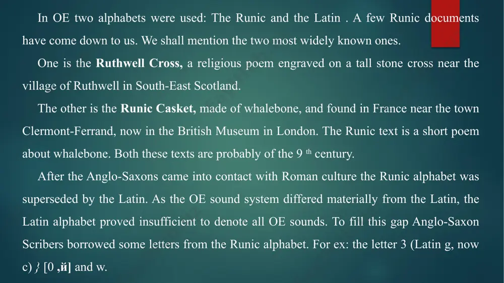 озные песни, исполняемые хором, гимни, грамота). the superiority of the west - saxon dialect both in quantity and importance of the documents using it confirms its dominating position as the literary language of the period. the epic poems of the oe period: beowulf, genesis, exodus, judith, and poems by the monk gynewulf: eleng andreas, juliana and other were written in anglian dialect but have been kept in west-saxon dialect. our knowledge of the english language comes mainly from manuscripts written in latin charachters. like elsewhere in western europe latin in england was the language of the chruch and also the language of writing and edication. the monks were practically the only literate people; they read and wrote latin and therefore began to use latin letters to write down english words. all over the country in the kingdoms of england, all kinds of legal documents were written and copied. at first …