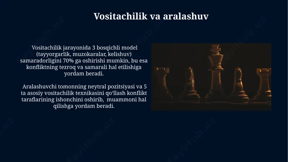 konfliktni 90% hollarda tinch yo'l bilan hal qilishga yordam beradi, bu esa vaqt va resurslarni tejaydi. konfliktlardan o'rganish o'zaro munosabatlarda yuzaga kelgan 7 ta konfliktning sabablarini aniqlash va ularni bartaraf etish bo'yicha strategiya ishlab chiqish orqali jamoaviy munosabatlarni 15% yaxshilash mumkin. konfliktlarni tahlil qilish orqali kamida 3 ta muhim xatoga yo'l qo'ymaslik va kelgusida 20% ga samaradorlikni oshirish mumkin. e'tiboringiz uchun rahmat @taqdimot_robot image5.jpg image6.jpg image7.jpg image8.jpg image9.jpg image10.jpg image11.jpg image12.jpg image13.jpg image14.jpg image15.jpg image16.jpg image1.jpg