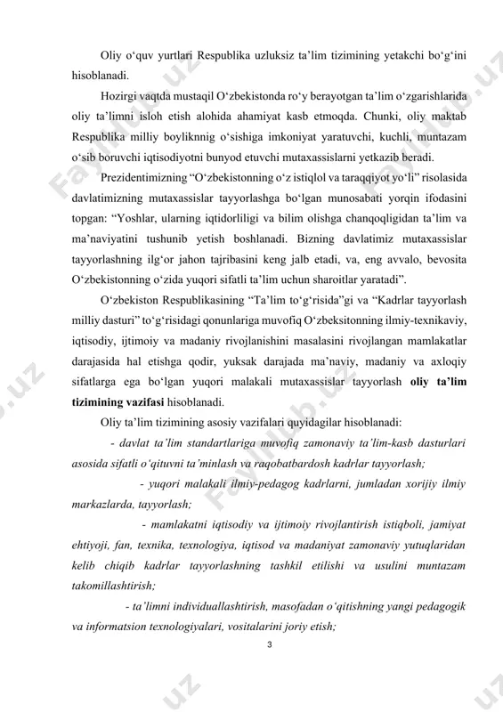 oiy rivojlantirish istiqboli, jamiyat ehtiyoji, fan, texnika, texnologiya, iqtisod va madaniyat zamonaviy yutuqlaridan kelib chiqib kadrlar tayyorlashning tashkil etilishi va usulini muntazam takomillashtirish; - ta’limni individuallashtirish, masofadan o‘qitishning yangi pedagogik va informatsion texnologiyalari, vositalarini joriy etish; - mustaqillik g‘oyalariga sodiqlik, vatanga, oilaga va atrof muhitga muhabbat ruhida, milliy uyg‘onish mafkurasi hamda umuminsoniy qadriyatlarni chuqur his etish asosida oliy ta’limnnig gumanitar yo‘nalishini, yoshlar tarbiyasini ta’minlash; - ta’lim, fan va ishlab chiqarishning samarali uyg‘unlanuvchi usullarini amaliyotga tatbiq etish; - ta’lim xizmati ko‘rsatish bozorida, raqobat muhitini yuzaga keltirish; - oliy ta’lim muassasalari boshqaruvini takomillashtirish va mustaqilligini kengaytirish. oliy ta’lim tizimi quyidagilardan iborat: - davlatga qarashli va davlatga aloqadorsiz oliy ta’lim muassasalari, bular davlat ta’lim standartlariga muvofiq ta’lim-kasb dasturini amalga oshiradi; - ilmiy-pedagogik muassasalar, bular oliy ta’limni rivojlantirish uchun zarur bo‘lgan tadqiqot ishlarini olib boradi; - ta’limni boshqaruvchi davlat idoralari, shuningdek, ular tasarrufidagi korxona, muassasa va tashkilotlar. 1993 yildan respublikaning barcha oliy o‘quv yurtlariga …