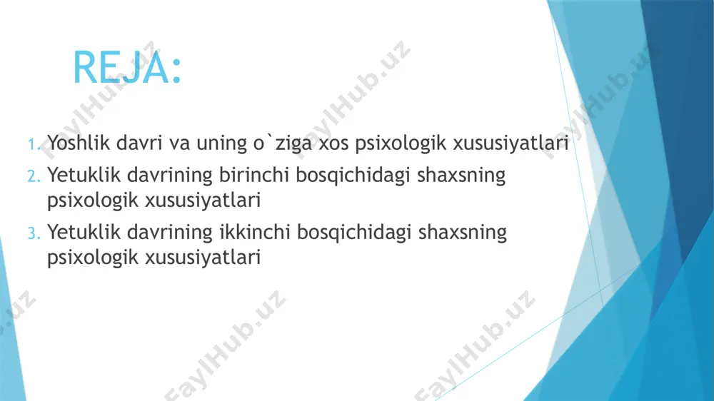 ing inson rivojlanishdagi qonuniyatlari, undagi yetakchi omillar hamda inson hayot yo‘lining turli bosqichlarida uning shaxsiga xos xususiyatlar yosh davrlari psixologiya fanining tadqiqot predmeti hisoblanadi. yosh davrlar psixologiyasi fanining amaliy vazifalarini esa psixik jarayonlarning namoyon bo‘lishi va rivojlanishi, shuningdek inson shaxsi psixologik xususiyatlarining tarkib topishi qonuniyatlarini o‘rganishda qo‘lga kirgan ilmiy dalillarini ta’lim-tarbiya sohalariga tadbiq etish tashkil etadi. bu borada, ayniqsa, pedagogik psixologiya birmuncha ulkan yutuqlarga erishdi. pedagogik psixologiyaning ta’limni yangi mazmunda joriy qilish yuzasidan so‘ngti yillarda qo‘lga kiritgan yutuqlari buning yaqqol dalili bo‘la oladi. ma’lumki keyingi o‘n yil mobaynida mamlakatimizdagi barcha ta’lim tizimlarida ta’lim ishlarining mazmuni tubdan o‘zgardi. ta’limning eksperimental ravishda tekshirilgan yangi usullari (masalan, muammoli interfaol ta’lim metodlari) keng joriy qilinmoqda. yosh psixologiyasining asoslarini bilmay turib, ta’lim-tarbiyaning hech qanday nazariy hamda amaliy masalalarini muvaffaqiyatli hal qilib bo‘lmaydi. yosh davrlar psixologiyasi bolalar psixologiyasi o'smirlik davri psixologiyasi katta yoshdagilar psixologiyasi kichik maktab yoshidagi o'quvchilar psixologiyasi o'spirinlik davri psixologiysi qarilik psixologiyasi 8 ta’lim-tarbiya …