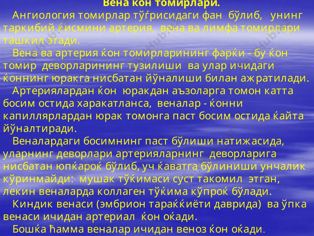 - ќон босимига тўѓри пропорционал бўлади. демак, вена ичидаги ќон босими паст бўлганлиги учун, ќоннинг йўналиш тезлиги ћам паст бўлади. ќоннинг оќиш тезлиги артерия ва веналарда ћар-хил бўлишига ќарамасдан, юракдан артерияларга чиќаётган ќон миќдори шу даќиќаларда веналар орќали юракга оќиб келаётган ќон миќдорига тенг бўлиши керак. артериал ва веноз тизимидаги номувофиќлик веноз ќон томирлар миќдорининг ошиќлиги ва хажм жићатидан вена ќон томирларининг устунлиги натижасида тенглашади. мана шунинг учун, вена ќон томирларида босим паст бўлишига ва ќон оќиш тезлиги паст бўлишига ќарамасдан, унинг хажмининг катта эканлиги натижасида юракдан ќанча ќон чиќса, шунча ќон юракга ќайтиб келади. натижада юракдан маълум даќиќа давомида ќанча ќон битта аортага чиќса, шунча ќон иккита веноз ќон томирлар орќали оќиб келади. аъзо ёки тўќималарнинг маълум ќисмидаги вена ќон томирлари ва артерия ќон томирлари хажмининг нисбий коэффисциенти 2: 1, 3: 1 ва хатто 4: 1 га ћам тенг бўлиши мумкин. бундай катта фарќ, вена ќон томирларининг юзаки ва …
