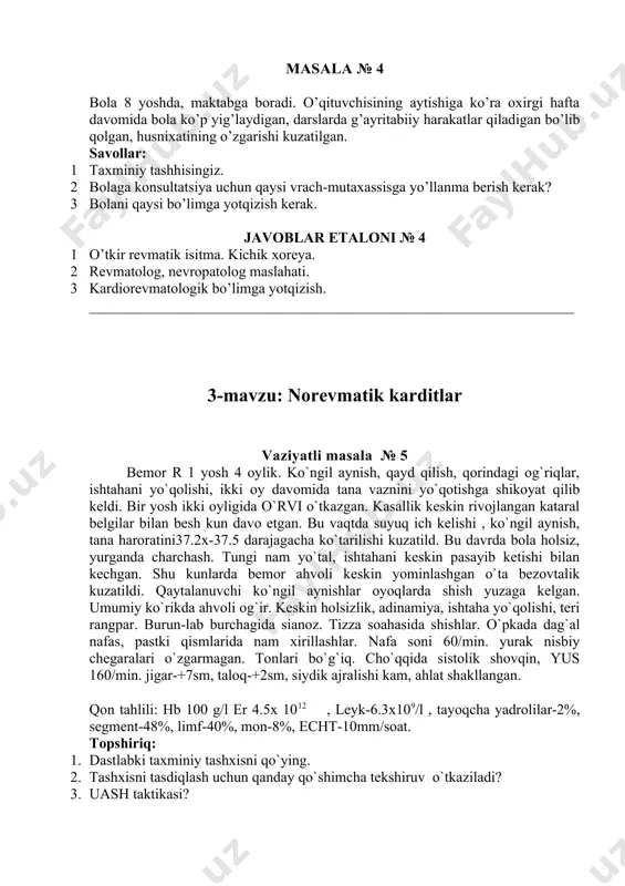 lish, qorindagi og`riqlar, ishtahani yo`qolishi, ikki oy davomida tana vaznini yo`qotishga shikoyat qilib keldi. bir yosh ikki oyligida o`rvi o`tkazgan. kasallik keskin rivojlangan kataral belgilar bilan besh kun davo etgan. bu vaqtda suyuq ich kelishi , ko`ngil aynish, tana haroratini37.2x-37.5 darajagacha ko`tarilishi kuzatild. bu davrda bola holsiz, yurganda charchash. tungi nam yo`tal, ishtahani keskin pasayib ketishi bilan kechgan. shu kunlarda bemor ahvoli keskin yominlashgan o`ta bezovtalik kuzatildi. qaytalanuvchi ko`ngil aynishlar oyoqlarda shish yuzaga kelgan. umumiy ko`rikda ahvoli og`ir. keskin holsizlik, adinamiya, ishtaha yo`qolishi, teri rangpar. burun-lab burchagida sianoz. tizza soahasida shishlar. o`pkada dag`al nafas, pastki qismlarida nam xirillashlar. nafa soni 60/min. yurak nisbiy chegaralari o`zgarmagan. tonlari bo`g`iq. cho`qqida sistolik shovqin, yus 160/min. jigar-+7sm, taloq-+2sm, siydik ajralishi kam, ahlat shakllangan. qon tahlili: hb 100 g/l er 4.5x 1012 , leyk-6.3x109/l , tayoqcha yadrolilar-2%, segment-48%, limf-40%, mon-8%, echt-10mm/soat. topshiriq: 1. dastlabki taxminiy tashxisni qo`ying. 2. tashxisni tasdiqlash uchun qanday qo`shimcha tekshiruv o`tkaziladi? …
