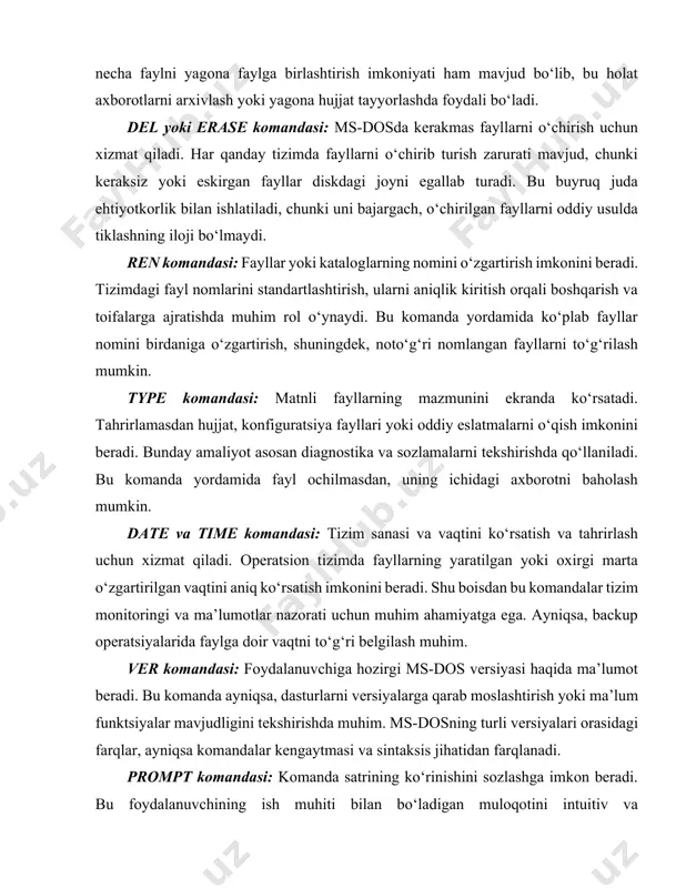ordamida bajarilayotgan komanda to‘xtatilganda bu buyruq uni qabul qilinishini belgilaydi. color komandasi: ms-dos komandalar satrida fon va matn ranglarini sozlash uchun ishlatiladi. bu buyruq foydalanuvchi ish muhitini ko‘rgazmali va individual qilishga xizmat qiladi. ranglarning to‘g‘ri qo‘llanilishi vizual yengillik yaratadi va ekranda muhim ma’lumotlarni ajratishga yordam beradi. title komandasi: komanda satri oynasining sarlavhasini o‘zgartirish imkonini beradi. bu komanda bir nechta oynada ishlayotgan foydalanuvchiga qulaylik yaratadi: u sarlavha orqali oyna vazifasini osongina ajrata oladi. exit komandasi: ms-dos oynasidan chiqish uchun ishlatiladi. foydalanuvchi ishini yakunlaganidan so‘ng, tizimdan chiqish va resurslarni bo‘shatish maqsadida bu buyruq qo‘llaniladi. yakuniy mulohazalar: ms-dos ichki komandalarining barchasi operatsion tizim foydalanuvchiga imkon qadar oddiy, tez va to‘g‘ridan-to‘g‘ri muloqotda bo‘lishi uchun mo‘ljallangan. ular har qanday murakkab operatsiyani asosiy darajadagi buyruqlar orqali bajarish imkonini beradi. komandalar — bu interfeys, ularning chuqur o‘zlashtirilishi esa foydalanuvchini professional darajadagi operatsion tizim boshqaruvchisiga aylantiradi. ichki komandalar har doim qo‘l ostida bo‘lgan, eng tezkor va ishonchli vositalardan …
