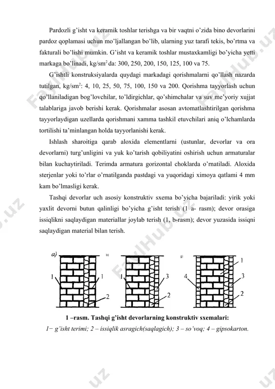 r qo’llanilishi keng rivoj topdi. ikkinchi sxemada (1b - rasm) isitgich devor orasiga joylashtiriladi. birinchi bosqichda devorni asosiy qismi teriladi (1,5 – 2 g’ishtli devorlarda). qorishma chokiga xar ikki qatordan keyin qadami 50 sm da, diametri (5 – 8 mm) va uzunligi issiqlik saqlagich qalinligidan 50 mm uzunroq chiqib turgan zanglamaydigan temirdan yasalgan sterjenlar o’rnatiladi. shu sterjenlarga listli issiqni saqlovchi (penopolistirol kabilar) bir standart list balandligida o’rnatiladi (kirgiziladi). shundan so’ng o’rnatilgan zanglamaydigan sterjenlarga biriktirilib devorni ikkinchi qismi (0.5 – 1 g’isht) teriladi. uchinchi sxema, issiqni saqlovchi materialni o’rnatishni ikki imkonini nazarda to’tadi: g’ishtli devorni ichkarisidan va tashqarisidan. tashqaridan issiq saqlagich fasadni pardozlash elementi sifatida qo’llaniladi, unga pardozlash to’ri montaj qilinadi, faktura qatlami suvaladi va bo’yaladi. fasadlarni tosh, vitraj, dekorativ panellar bilan pardoz qilganda issiq saqlagich osma tashqi konstruksiyalar sistemasining ichki tarafida bo’ladi. issiq saqlagich ichkaridan o’rnatilganda metall karkasga o’rnatilgan gipsokarton listlari bilan pardozlanadi yoki kamroq hollarda metall setka bo’ylab suvoqlanadi …