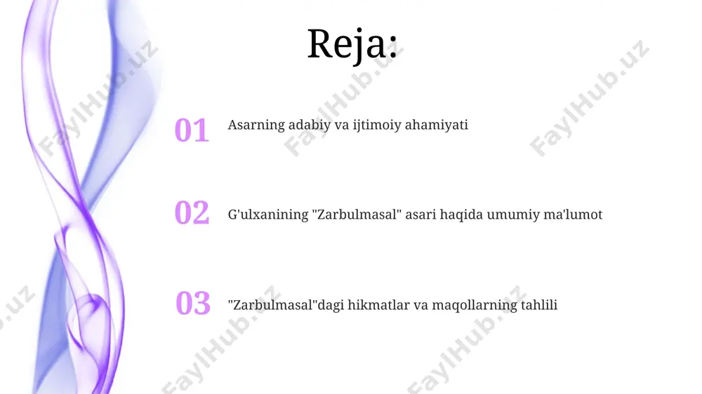 ilhom manbai boʻlib xizmat qilmoqda. “zarbulmasal”ning obrazli tili va hikoyalardagi aql-idrok elementlari 20-asr oʻzbek adabiyotida, xususan, 1920-yillardan keyingi hikoya va qissalarda kuzatiladigan allegorik uslubning shakllanishiga sezilarli ta'sir koʻrsatgan. gulxaniy hayoti va ijodining qisqacha tarixi uning "zarbulmasal" asari 500 dan ortiq maqol va hikoyalardan iborat boʻlib, turkiy tilining boyligi va xalq ogʻzaki ijodining namunasi hisoblanadi. gʻulxanining 15-asrda xorazm viloyatida tugʻilganligi va asosan turkiy xalqlar orasida mashhur boʻlgan "zarbulmasal" asarini yaratganligi tarixiy manbalarda qayd etilgan. gʻulxanining ijodida xalq hayotiga oid kuzatishlar, falsafiy fikrlar va 15-asr xorazm jamiyatining o'ziga xos xususiyatlari aks etgan. asarning tarkibi va janr xususiyatlari “zarbulmasal” 100 dan ortiq hikoya va masallarni oʻz ichiga olib, har biri maʼlum bir axloqiy yoki ijtimoiy mavzuni aks ettiradi, ularning aksariyati buxoro va samarqand kabi shaharlar hayotidan olingan voqealarga asoslangan. gulxaniyning “zarbulmasal”ida 7 ga yaqin bob mavjud boʻlib, har bir bob maʼlum bir mavzuga bagʻishlangan; masalan, adolat, aqldan ustun qoʻyish, doʻstlik va dushmanlik kabi …