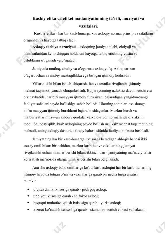 o’ziga xos ko’rinishidir. etiket - inson va jamiyat tashqi madaniyatining asosiy qismi. madaniyatning rivojlana borishi bilan birga xulq, ahloq qoidalari – etiket ham shakllanib bordi. etiketning paydo bo’lishi qadim zamonlarga borib taqaladi. etiket insonlarning o’zaro muomalasidan paydo bo’ladigan ahloq qoidalarning o’zaro yig’indisidir. jamoat joylaridagi xulq-ahloq, muomala va salomlashish shakllari, yon-atrofdagilar bilan muomala, odat va kiyinish, mehmon kutish qoidalari shu jumladandir. etiketga tartibga keltirilgan madaniy axloq talablari kiradi. tarixan u ishlab chiqilgan nazokat qoidalarida namoyon bo’lgan. xar xil qatlam namayondalari o’rtasidagi va mansabdorlar bilan muomala qilish qoidalarini bir tizimga terib qo’ygan. bundan tashqari xar xil doiradagi ahloq qoidalarini tartibga keltirgan. misol uchun – saroy etiketi, diplomatik etiket va boshqalar. etiketni bir joyda qotib qolgan deb tushunish kerak emas: etiket madaniyati jamiyat bilan birga rivojlanib boradi. hozirgi zamon jamiyatida etiket ijtimoiy xayotning borishi va demokratik jarayonlarni aks ettiradi, yanada erkin va tabiiy bo’lib boradi. hozirgi vaqtda etiket barcha insonlarga nisbatan e’tiborli va …