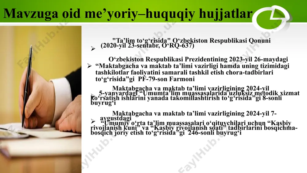 atini baholash tizimi kuzatuv va ichki baholash tizimi mavjud, biroq, kamchiliklarni bartaraf etish tizimi unchalik rivojlangan emas. buyuk britaniya – pedagoglarning faoliyati aniq mezonlar asosida baholanib, takomillashtirish yo‘nalishlari belgilanadi. saudiya arabistonda ichki va tashqi baholash tizimli ravishda olib boriladi, ministry of education muntazam monitoring olib boradi. har bir pedagog yillik faoliyatiga ko‘ra individual baholash tizimidan o‘tishi kerak va natijalarga qarab pedagoglar uchun individual rivojlanish dasturlari ishlab chiqish 2 kasbiy rivojlanish. pedagoglarning xalqaro tajribalardan foydalanishi malaka oshirish tizimi mavjud, biroq ular umumiy xususiyatga ega va shaxsiy ehtiyojlarni inobatga olish sust.o‘qituvchilarning xalqaro tajribalardan foydalanishi cheklangan buyuk britaniyada cpd kurslari mavjud.hamda tajribali pedagoglar yosh o‘qituvchilar uchun mentorlik qiladi. saudiya arabistonida esa bu yo‘nalishda dunyoning rivojlangan mamlakatlari bilan hamkorlikda xalqaro standartlarga mos dasturlar ishlangan. mavjud rivojlanish kurslarning uzluksiz va tizimliligini kuchaytirish.har bir pedagog har yili o‘z sohasiga oid zamonaviy pedagogik yondashuvlarni o‘rganishini shart qilib qo‘yish 3 ota-onalar va jamiyat ishtiroki ota-onalar va jamiyat fikri …