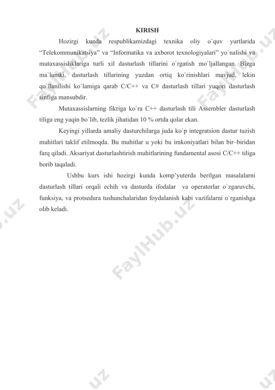 i. ifodaga misol qilib o'zlashtirish amalini olish mumkin. x=a+b; algebradan farqli ravishda bu ifoda x a+v ga teng ekanligini anglatmaydi. bu ifodani quyidagicha tushinish kerak: a va v o'zgaruvchilarni qiymatlarini yig'ib natijasini x o'zgaruvchiga beramiz yoki x o'zgaruvchiga a+v qiymatni o'zlashtiramiz. bu ifoda birdaniga ikkita amalni bajaradi, yig'indini hisoblaydi va natijani o'zlashtiradi. ifodadan so'ng nuqtali vergul qo'yiladi. (=) operatori o'zidan chap tomondagi operandga o'ng tomondagi operandlar ustida bajarilgan amallar natijasini o'zlashtiradi. bo'sh joy (probel) belgisi. bo'sh joy belgilariga nafaqat probel, balki yangi satrga o'tish va tabulyasiya belgilari ham kiradi. yuqorida keltirilgan ifodani quyidagicha ham yozish mumkin: x = a+ b ; bu variantda keltirilgan ifoda ko'rimsiz va tushunarsiz bo'lsa ham to'g'ridir. bo'sh joy belgilari dasturning o'qilishliligini ta'minlaydi. bloklar va kompleks ifodalar. ba'zan dastur tushunarli bo'lishi uchun o'zaro mantiqiy bog'langan ifodalarni blok deb ataluvchi komplekslarga birlashtirish qulaydir. blok ochiluvchi figurali qavs ({) bilan boshlanadi va yopiluvchi figurali qavs (}) bilan tugaydi. …