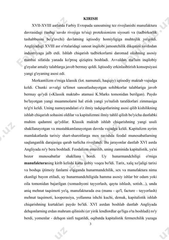ijtimoiy fanlarni o'qiganda hunarmandchilik, sex va manufaktura nima ekanligi bayon etiladi, uy hunarmandchiligida hamma asosiy ishlar bir odam yoki oila tomonidan bajarilgan (xomashyoni tayyorlash, qayta ishlash, sotish...), unda aniq mehnat taqsimoti yo'q, manufakturada esa (manu - qo'l, facture - tayyorlash) mehnat taqsimoti, kooperasiya, yollanma ishchi kuchi, demak, kapitalistik ishlab chiqarishning kurtaklari paydo bo'ldi. xvi asrdan boshlab dastlab angliyada dehqonlarning erdan mahrum qilinishi (er yirik lendlordlar qo'liga o'ta boshladi) ro'y berdi, yomenlar - dehqon sinfi tugatildi, oqibatda kapitalistik fermerchilik yuzaga keldi (ular erni lendlordlardan uzoq muddatli ijaraga olgan), ular yollanma mehnatdan (krepostnoylik emas) keng foydalangan, keyinchalik texnikani, ilmiy texnika yangiliklarini keng qo'llaganlar. agrar inqilob, islohot nomini olgan bu o'zgarish manufaktura sanoatining rivoji bilan bog'liq. 1. klassik (mumtoz) iqtisodiy maktab paydo bo'lishining tarixiy shart-sharoitlari va uning xarakteristikasi dastlabki paytlarda bu sohada mato to'qish asosiy edi. u nihoyatda foyda keltiruvchi sohaga aylandi. matoga talab oshdi, uni qondirish uchun, sanoat uchun kerakli xom ashyo …