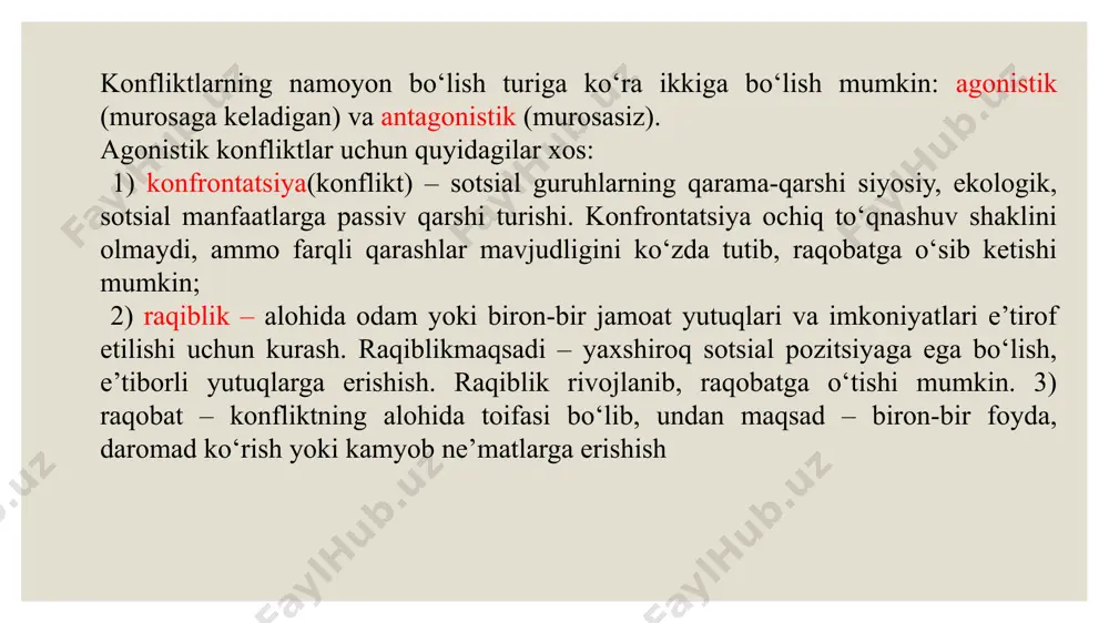 iy ag‘darib tashlash yo‘li, sotsial-iqtisodiy tartibning sifat 19 jihatidan o‘zgarishini anglatadi ob’ektiga ko‘ra konflikt turlari: iqtisodiy konfliktlar – sotsial-siyosiy konfliktlar – mafkuraviy konfliktlar – sotsial-iqtisodiy konfliktlar – sotsial-maishiy konfliktlar – konfliktlarning davomiyligi va keskinlik darajasiga ko‘ra turlari: jo‘shqin va tez (jadal) kechadigan konfliktlar – qizg‘in va emotsionalliligi, konflikt taraflarining salbiy munosabatlarini o‘ta keskin namoyon etishi bilan farqlanib, og‘ir xulosa topishi va fojeali oqibatlarga olib kelishi mumkin. ular asosida ixtilofdagi kishilarning ruhiy holati yotadi; keskin va davomli konfliktlar – ko‘proq ziddiyatlar ancha chuqur, barqaror, murosaga kelib bo‘lmaydigan yoki murosaga kelish juda qiyin hollarda yuzaga keladilar. 3) yaxshi ifodalanmagan va sust kechadigan konfliktlar 4) yaxshi ifodalanmagan va jadal kechadigan konfliktlar ijtimoiy hayotning tashkil etilganlik darajasiga ko‘ra konflikt turlari: global; mintaqaviy; davlatlararo; elatlararo; sinflararo yoki jamiyatning turli tabaqalari o‘rtasida; guruhlararo; partiyalararo; shaxslararo siyosiy, mafkuraviy, ma’naviy konfliktlarning ular motivatsiyasini hamda vaziyatni sub’ektiv idrok etishni hisobga olgan holdagi va boshqa turlari: soxta – sub’ekt buning …