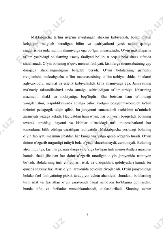 uradi. o’yin doimo o’zgarib turganligi tufayli bola o’ynab charchamaydi, zerikmaydi. bolaning atrof muhitga, kishilarga, narsalarga va o’ziga bo’lgan turli munosabatlari mazmun hamda shakl jihatdan har doim o’zgarib turadigan o’yin jarayonida namoyon bo’ladi. bolalarning turli ehtiyojlari, istak va qiziqishlari, qobiliyatlari hamda bir qancha shaxsiy fazilatlari o’yin jarayonida bevosita rivojlanadi. o’yin jarayonidagi bolalar faol faoliyatining psixik taraqqiyot uchun ahamiyati shundaki, bolalarning turli sifat va fazilatlari o’yin jarayonida faqat namoyon bo’libgina qolmasdan, bunda sifat va fazilatlar mustahkamlanadi, o’zlashtiriladi. shuning uchun psixologik nuqtai nazardan oqilona, ya’ni, to’g’ri tashkil qilingan o’yin bola shaxsini har tomonlama o’stiradi va shuning bilan birga bolaning butun psixik jarayonlarida – sezish, idrok, diqqat, xotira, tafakkur, hayol va irodani ildam rivojlanishiga yordam beradi. o’yin o’z mohiyati jihatidan katta kishilarning xatti-harakatlari va xulq-atvorlariga faol taqlid qilishdan iborat bo’lishi tufayli bolalarda ma’naviy sifatlarning mustahkamlanishi uchun va odob-axloq qoidalarini bilib olishlari uchun keng imkoniyatlar beradi. maktabgacha yoshdagi bola o’yin jarayonida shifokorlik yoki o’qituvchilik rolini …