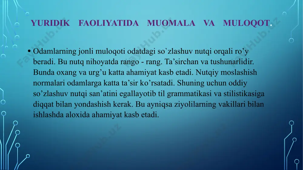 ish faoliyatida ijobiy natijalarga olib keladi. axloqiy madaniyatni bilish: shaxsning dunyoqarashi, etik bilim va e’tiqodini ifodalaydi (jamiyatning axloqiy talablarini bilish, odamning ongli ravishda maqsadini ifodalash); axloqiy hissiyotlar madaniyati-nafaqat “yaxshi” va “yomonni” farqlay olish, balki boy emotsional doiraga ega bo`lish, boshqalarga nisbatan hamdard, malham bo`lish qobiliyati; amaliy faoliyatda - faol hayotiy pog`onani -axloqiy madaniyat orqaligina egallash mumkin. yurist qanday axloqiy sifatlarga ega bo’lishi kerak? -ob’yektiv bo’lishi; -adolatli bo’lishi; - xolis bo’lishi; -mustaqil bo’lishi; -inson xuquqlariga rioya qilish va muxofaza qilishi; -aybdorlik prezumpsiyasi tamoyiliga rioya qilish. yuqoridagi axloqiy sifatlar tamoyillar sifatida yurist faoliyatining mazmuni va xulqining stragegiyasini tashkil qiladi. yurist faoliyati bilan shug`ullanuvchi shaxsning etika va madaniyati doimo “yuqorida” bo’lishi lozim. kasbiy ahloq xaqida gap ketganda sud etikasi rivojlanishni xam nazarda tutishimiz lozim. sud etikasi tizimi 2 bo`limdan iborat: umumiy; maxsus; umumiy bo`lim sud etikasining asoslari, uning predmeti, usullari, vazifalarini ko`rib chiqsa; maxsus bo`lim-sud ishlaridagi axloqiy munosabatlarni ko`rib chiqadi (sud tergov ishlaridagi …