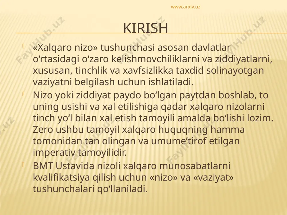 zarlik bilan zarar o‘rtasida bevosita sababli bog‘lanishning mavjudligidan kelib chiqdi. www.arxiv.uz xulosa oddiy qidiruv - “yashil serkulyar” vakolatli organlarga ko`zatib borish va xulq atvori to`g`risida xabar berish talab qilinadi. aralash qidiruv - “qizil va yashil serkulyar” birgalikda qo`shib olib boriladi, ba'zi bir davlatlarda qo`lga olish va boshqa bir davlatlarda ko`zatuv ostiga olish talab qilinadi. “qora serkulyar” interpolga a'zo davlatlarga jasadning shaxsini fotosurat bo`yicha aniqlash talabi bilan tarqatiladi. aniqlanmagan jasadlar kartotekasidan foydalaniladi. maxsus nashrlar o`g`irlangan narsalar fotosuratlari byulletenidan, shuningdek, maxsus kartoteka va ehm ma'lumotlar bankidan foydalaniladi. www.arxiv.uz asosiy adabiyotlar: 1.saidov a.x. xalqaro huquq.t. “adolat”, 2001y. 2. saidov a.x. xalqaro huquq sxemalarda .t. “adolat”, 2001y. 3.mamatqulov a. xalqaro huquq.t. “adolat”, 1998y. 4.to`zmuhammedov k.a.hakimov k.ye. xalqaro huquq asoslari.t. “adolat”, 1998y. 5.i.i.lukashuk. a.x.saidov. hozirg`i zamon xalqaro huquqi nazariyasi asoslari. “adolat”t.2006 y. www.arxiv.uz image3.png