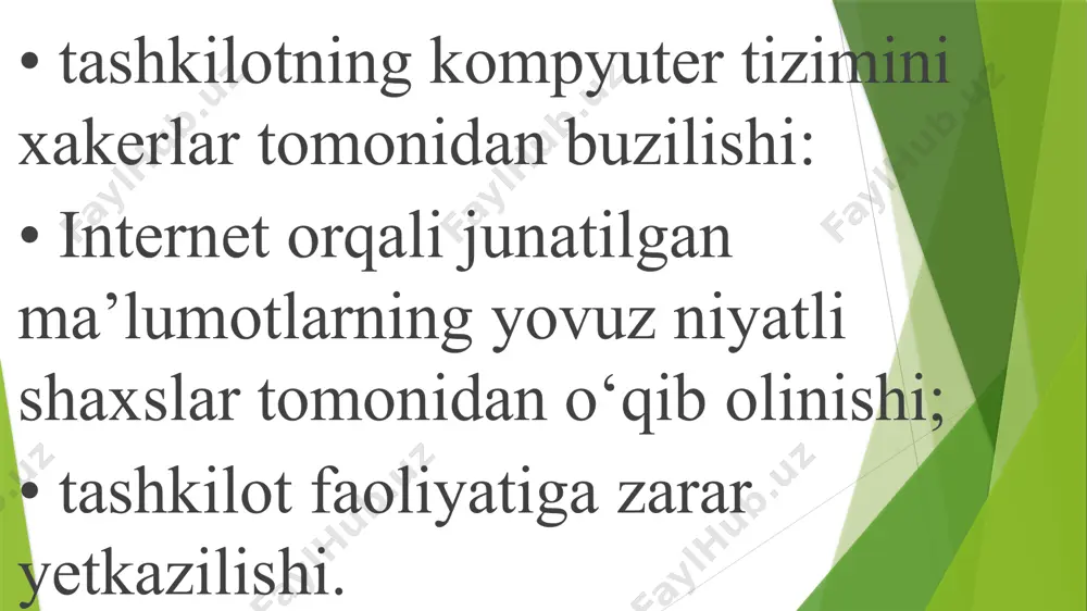 texnik va programmaviy usullardan foydalanish; 2. tarmoqdagi informatsion muloqot ishtirokchilari va ular uzatayotgan ma’lumotlarni asl nusxasiga mosligini tekshirish; 3. ma’lumotlarni uzatish va qabul qilishda kriptografiya usullaridan foydalanish; 4. viruslarga qarshi nazoratchi programmalardan foydalanish, ularni o‘z vaqtida yangilab turish; 5. shaxsiy kompyuter va mahalliy kompyuter tarmog‘iga begona shaxslarni qo‘ymaslik va ularda mavjud bo‘lgan malumotlardan nusxa olish imkoniyatlarini cheklovchi tashkiliy ishlarni amalga oshirish. bundan tashqari informatsion xavfsizlikni ta’minlash borasida internet foydalanuvchilari orasida rasmiy ravishda o‘rnatilmagan quyidagi ehtiyot choralari mavjuddir: 1.hech qachon hech kimga internetdagi o‘z shartli nomingiz va parolingizni aytmang; 2.hech qachon hech kimga o‘zingiz va oila a’zolaringiz xaqidagi shaxsiy, hamda ishxonangizga oid ma’lumotlarni (ismi sharifingiz, uy adresingiz, bankdagi hisob raqamingiz, ish joyingiz va uning xodimlari xaqidagi ma’lumotlarni va xokazo) avvalasi aytmang, mabodo aytish juda zarur bo‘lsa uni internet orqali yubormang; 3. elektron adresingizdan (e-mail) maqsadli foydalaning, internet orqali programmalar (faol dasturlar ) almashmang; internetda tarqatilayotgan duch kelgan programmalardan foydalanmang. programmalarni faqat …