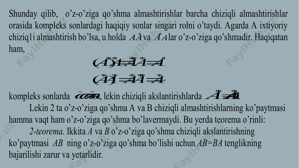agar x  r λ bo`lsa φ*(x)  r λ bo`lishini ko`rsataamiz. , ya`ni  hamx)(* ning λ hos soniga mos keluvchi hos vektor , )(*x r λ . demak r λ φ* ga nisbatan integral qism fazo . endi φ* r λ ni r λ ga o`tkazuvchi operator sifatida qarasak ee )(* tenglikni qanoatlantiruvchi e (|e| =1) mavjud deya olamiz. r λ ni φning λ ga mos keluvchi hos vekto rlardan iborat bo`lgani uchun φ(e) = λe bo`ladi.shunday qilib e vektor φ va φ* larning umumiy hos vektori. endi (φ(e),e)=( λe,e)= λ(e,e) va (φ(e),e)=(e, φ*(e))=(e,μe)=  (e,e) lardan μ=  kelib chiqadi. unitar operator . agar f chiziqli operator uchun f•f* =f*f=e tenglik o`rinli bo`lsa f ga unitar operator deb ataladi.demak f -1 =f*. 1-teorema.chekli o`lchamli unitary l chiziqli fazoda aniqlangan f chiziqli operatorning unitar bo`lishi uning skalyar ko`pa ytmani saqlashi ,ya`ni  x,y  l uchun (f(x),f(y))=(x,y) (1) …
