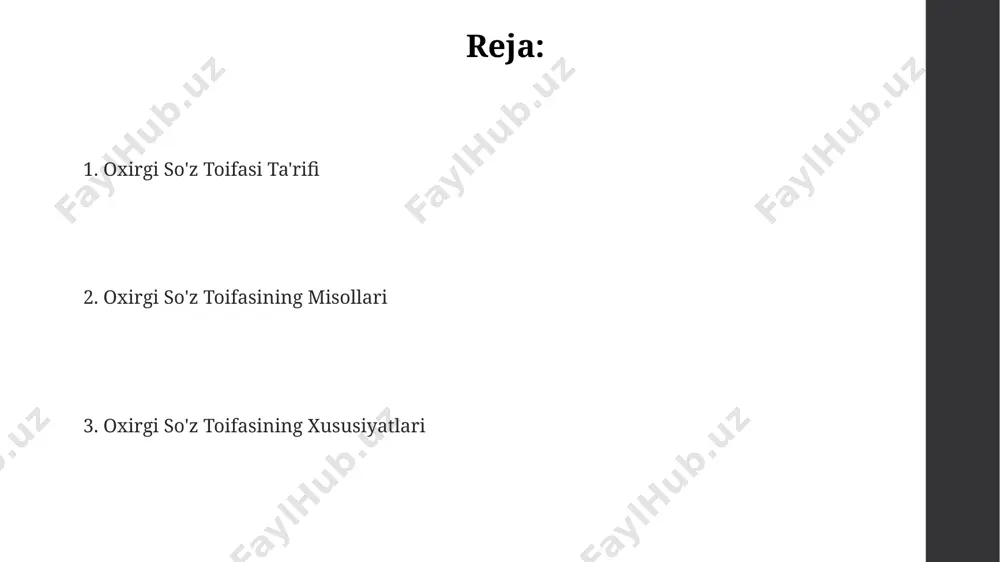 ra, 3 turga bo'linadi: fe'l, ot va sifatlardan hosil bo'lganlar, ularning qo'llanishi matnning 70% qismida kuzatiladi. ushbu kategoriya, lug'at tarkibida 2000 yildan keyin paydo bo'lgan 50 dan ortiq so'zlarni o'z ichiga oladi va ularning sintaksisdagi vazifasi gapning ma'nosini yakunlashdan iborat. oxirgi so'z kategoriyasi, o'zbek tilida 10 dan ortiq morfologik xususiyatlarga ega bo'lib, jumlaning 2-3 so'zidan keyin, masalan, samarqand viloyatida yozilgan matnlarda tez-tez uchraydi. oxirgi so'z katekoriyasining zamonaviy lingvistik tadqiqotlari o'zbek tilida oxirgi so'z kategoriyasining funksiyalari bo'yicha 2010-yildan keyin o'tkazilgan 3 ta doktorlik dissertatsiyasi mavjud bo'lib, ular toshkent va samarqand universitetlarida himoya qilingan. so'nggi 10 yil ichida, rus va ingliz tillarida chop etilgan 15 dan ortiq ilmiy maqolada, oxirgi so'z kategoriyasining kompyuter lingvistikasi usullaridan foydalangan holda tahlili tafsilotli o'rganilgan. oxirgi so'z kategoriyasining zamonaviy tadqiqotlari, xususan, 21-asr boshlarida, amerika va yevropa olimlarining 5 ta yirik loyihasida, sintaksis va semantikaga oid yangi yondashuvlarni qo'llagan holda o'rganildi. gap tuzuvchilikdagi oxirgi so'zning o'rni qo'shma gaplarda, …