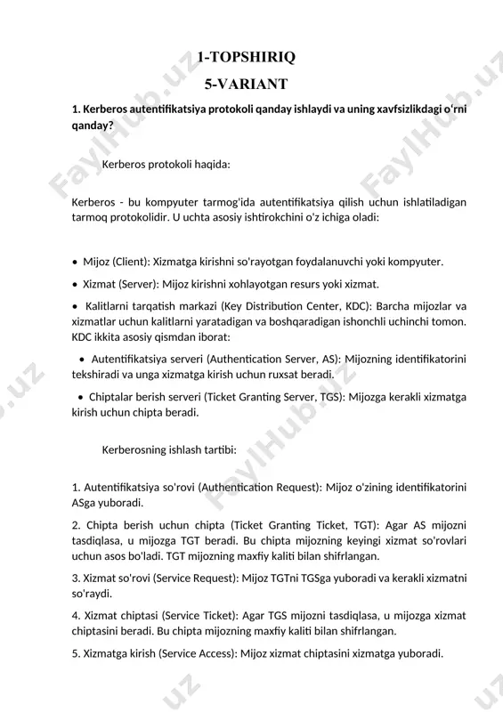 mijozga kirish huquqini beradi. xavfsizlikdagi o'rni: • markazlashgan autentifikatsiya: kerberos markazlashgan autentifikatsiya tizimini ta'minlaydi, bu esa tarmoqdagi resurslarga kirishni boshqarishni osonlashtiradi. • kuchli shifrlash: kerberos kuchli shifrlash algoritmlaridan foydalanadi, bu esa ma'lumotlarni himoya qiladi va ruxsatsiz kirishning oldini oladi. • uchinchi tomon ishonchi: kerberos ishonchli uchinchi tomon (kdc) yordamida autentifikatsiyani amalga oshiradi, bu esa mijozlar va xizmatlar o'rtasida bevosita kalit almashish zaruratini yo'q qiladi. • takroriy hujumlarga qarshi himoya: kerberos chiptalarning amal qilish muddatini cheklash orqali takroriy hujumlarga qarshi himoya qiladi. 2. kompyuter tarmoqlarida ma’lumotlarni shifrlashda foydalaniladigan protokollarni sanab bering. kompyuter tarmoqlarida ma'lumotlarni shifrlashda turli protokollar qo'llaniladi, ulardan eng mashhurlari: • tls/ssl (transport layer security/secure sockets layer): veb-brauzerlar va veb-serverlar o'rtasidagi xavfsiz aloqani ta'minlash uchun ishlatiladi. https (hypertext transfer protocol secure) tls/ssl orqali amalga oshiriladi. • ipsec (internet protocol security): ip darajasida xavfsizlikni ta'minlaydi va vpn (virtual private network) kabi xavfsiz tarmoq aloqalarini yaratish uchun ishlatiladi. • ssh (secure shell): …