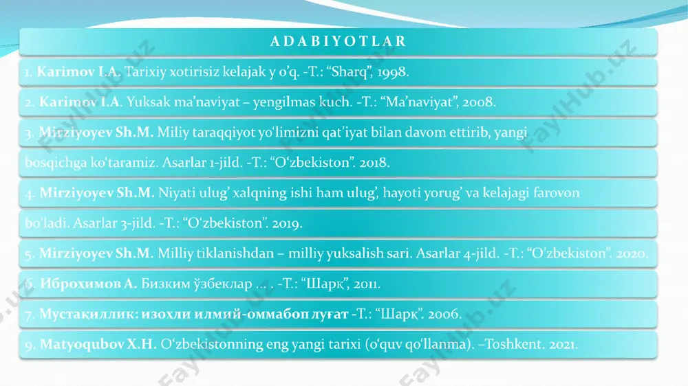 idagi yettita asosiy davrni taklif qiladilar: 1. ibtidoiy to’da davri 1 mln. - 40 ming yilliklar orasi 2. urug’chilik jamoasi va mulk egaligining shakllanishi davri 40 ming yillikdan - milodiy iii-iv asrlargacha 3. ilk o’rta asrlar davri milodiy iii-iv asrlardan to ix asr boshlarigacha 4. o’rta asrlar davri ix asr boshlaridan to xix asrning o’rtalarigacha 5. mustamlakachilik va milliy uyg’onish davri xix asr o’rtalaridan - 1917 yilgacha 6. sovetlar (sho’ro) davri 1917-1991 yillar 7. milliy istiqlol davri. 1991-2022 yillar o‘zbekiston respublikasining mustaqillik yillarida bosib o‘tgan yo‘lining mazmun-mohiyati va xususiyatlarini ob’yektiv baholagan holda mustaqillik davrini quyidagi ikki bosqichga bo‘lib o‘rganish maqsadga muvofiq bo‘ldi: 1) 1991–2016-yillar. bu davrda milliy davlatchilik asoslari va ijtimoiy yo‘naltirilgan bozor iqtisodiyotini yuzaga keltirishga qaratilgan o‘tish davrining dastlabki islohotlar amalga oshirildi 2) 2017-yildan keyingi yillar. bu davr tarixi 2016-yil dekabr oyida saylangan o‘zbekiston prezidenti shavkat mirziyoyevning strategik taraqqiyotga asoslangan keng ko‘lamli islohotlar davri hisoblanadi. 1998- uzbekiston tarixchilarining maxsus …