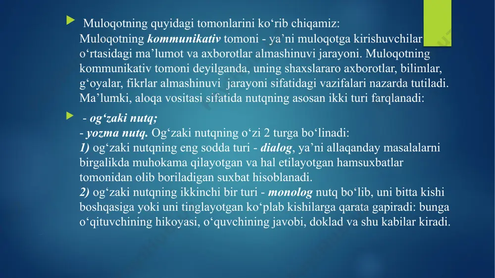 mga yo‘nalganligi ifodalanadi. u yoki bu halqlarda jestlar turlicha qabul qilinadi. italiyaliklar va frantsuzlar o‘z muloqotlarini jestlarsiz tassavur eta olmaydilar. o‘zbek halqida nutqda jestlardan ko‘p foydalanish yaxshi odat sifatida qabul qilinmaydi. lekin shuni ham tahkidlash lozimki, noverbal kommunikatsiya og‘zaki nutqda aytilmay qolgan fikrlarni ifoda etish imkonini beradi. muloqatda 1- mimika 2-jestlar 3-pantomimika mimika - inson yuz xarakatlarini bir qismi bo‘lib, u orqali insonning o‘ylari, xatti – xarakatlari, tasavvurlari. xotiralashi, taajubi va h.k. namoyon bo‘ladi. pantomimika - inson tanasi yoki uning qismlari yordamida ifodalanadigan harakatlar tizimidir. tadqiqotlar shuni ko‘rsatadiki, kundalik muloqot jarayonida so‘zlar 7% ni, tovushlar va intonatsiya 38% ni, nutqsiz muloqot esa 55% ni tashkil etadi. publitsiy aytganidek biz: “ovoz bilan gapiramiz, tana bilan suxbatlashamiz”. empatiya – insonni boshqa odam tomonidan tushunilishining o‘ziga xos usulidir. bunda insonni emotsional muammolariga yondoshishi tushuniladi. bu boshqa odam hissiyotlari va kechinmalariga hamdard bo‘la olishdir. - uqtirish - shunday ta’sir usulki, unda maqsadga qaratilgan ta’sir …