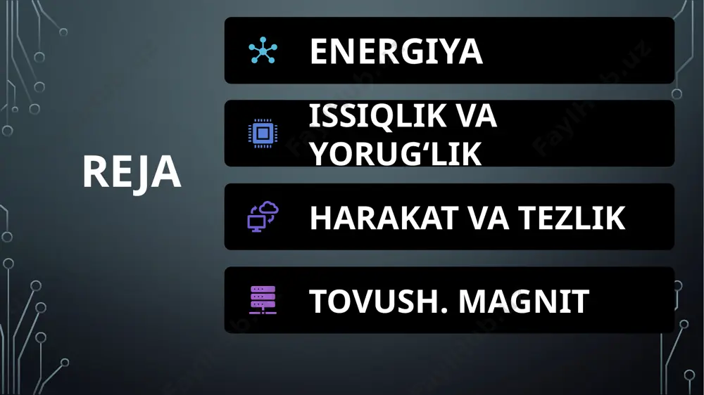 ylab toʻlqinlar yordamia tarqalishidir. tovush chastota, toʻlqin uzunligi, davr, amplituda va tezlik bilan xarakterlanadi. kundalik turmushda tovush atamasini havoda tarqaluvchi va odam eshita oladigan toʻlqinlarga nisbatan qoʻllashadi. biroq fizikada tovush deb har qanday materiyada tarqaluvchi mexanik toʻlqinlarga aytiladi. tovush va u bilan bogʻliq hodisalarni oʻrganuvchi fan boʻlimi akustika deyiladi. tovush (fizikada) — keng maʼnoda — gazsimon, suyuq yoki qattiq muhitda toʻlqin shaklida tarqaladigan elastik muhit zarralarining tebranma harakati. tor maʼnoda — odam va hayvonlarning maxsus sezgi organlari orqali qabul qilish eshitish hodisasi. eshitiladigan va eshitilmaydigan tovushlar bor. magnit kuchlar tabiatdagi toʻrtta asosiy kuchlardan biri boʻlgan elektromagnit kuchlar natijasidir va ular zaryadlarning harakati tufayli hosil boʻladi. zaryadlangan va bir xil yoʻnalish boʻylab harakatlanayotgan ikki jism oʻzaro magnit tortishish kuchiga ega. xuddi shu kabi zaryadlangan va turli yoʻnalishda harakatlanayotgan jismlar oʻzaro magnit itarish kuchiga ega. magnit - bu o'zining magnit maydonining ta'siri tufayli temir va po'lat narsalarni o'ziga jalb qilish va ba'zilarini …