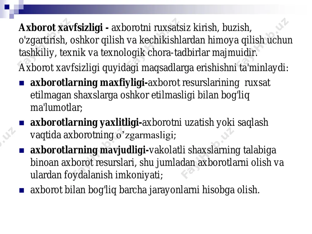 daraja protsessual daraja dasturiy ta'minot va apparat darajasi tashkiliy himoya  rejim va xavfsizlikni tashkil etish.  xodimlar bilan ishlashni tashkil etish-kadrlarni tanlash va joylashtirish, shu jumladan xodimlar bilan tanishish, ularni o'rganish, maxfiy ma'lumotlar bilan ishlash qoidalariga o'rgatish, axborot xavfsizligi qoidalarini buzganlik uchun jazo choralari bilan tanishish va boshqalar;  hujjatlar va hujjatlashtirilgan ma'lumotlar bilan ishlashni tashkil etish-hujjatlarni va maxfiy ma'lumotlarni tashuvchilarni ishlab chiqish, foydalanish, hisobga olish, rasmiylashtirish, qaytarish, saqlash va yo'q qilish;  maxfiy ma'lumotlarni yig'ish, qayta ishlash, to'plash va saqlashning texnik vositalaridan foydalanishni tashkil etish;  maxfiy axborotga nisbatan ichki va tashqi tahdidlarni tahlil qilish va uning himoyasini ta’minlash chora-tadbirlarini ishlab chiqish bo‘yicha ishlarni tashkil etish;  xodimlarning maxfiy ma'lumotlar bilan ishlashini, hujjatlar va texnik vositalarni hisobga olish, saqlash va yo'q qilish tartibini tizimli nazoratini amalga oshirish bo'yicha ishlarni tashkil etish. axborot xavfsizligini ta'minlashning texnik vositalari axborot tizimining perimetrini himoya qilish uchun quyidagilar yaratilgan:  xavfsizlik va yong'in …