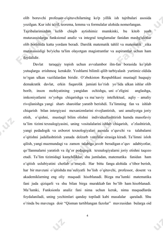 vchilar orasidagi funksional bog’lanishlar, kurs ishi yuzasidan olingan nazariy bilimlarni, amaliyotda masala va misollarda tadbiq qilib va uning natijalarini tahlil qilish va tegishli xulosalar chiqarish zarur demakdir. kurs ishining tuzilishi. kurs ishi tuzilishiga ko’ra rejasi asosan 4 ga bo’linadi: i. kirish, ii. asosiy qism, iii. xulosa, iv. foydalanilgan adabiyotlar ro’yxati, hamda ilovadan iborat bo’ldi. matematika sohasidagi ta’lim sifatini oshirish va ilmiy - tadqiqotlarni rivojlantirish chora-tadbirlari to’g’risida qarori. mamlakatimizda matematika 2020- yildagi ilm – fanni rivojlantirishning ustuvor yo’nalishlaridan biri sifatida belgilandi. o’tgan davr ichida matematika ilm – fani va ta’limini yangi sifat bosqichiga olib chiqishga qaratilgan qator tizimli ishlar amalga oshirildi. birinchidan, ilg’or ilmiy markazlarda faoliyat yuritayotgan vatandosh matematik olimlarning taklif qilinishi va xalqaro ilmiy- tadqiqotlar olib borilishi uchun zarur shart- sharoit yaratildi. ikkinchidan, xalqaro fan olimpiyadalarida g’olib bo’lgan yoshlarimiz va ularning murabbiy ustozlari mehnatini rag’batlantirish tizimi joriy etildi. uchinchidan, oliy ta’lim va ilmiy- tadqiqotlarning o’zaro integratsiyalashuvini ta’minlash maqsadida talabalar shaharchasi …