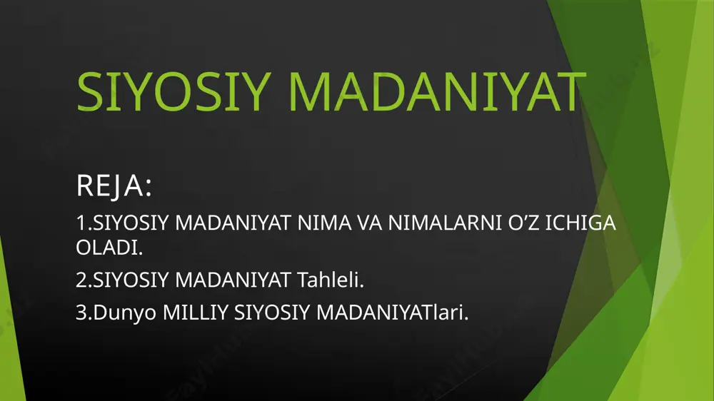 tiv oʻziga xoslikka asoslanadi. bugungi kunda bunday oʻziga xoslikning eng keng tarqalgan shakli milliy oʻziga xoslikdir va shuning uchun milliy davlatlar siyosiy madaniyatlarning odatiy chegaralarini belgilaydilar. ijtimoiy-madaniy tizim, oʻz navbatida, umumiy qadriyatlarni aks ettiruvchi umumiy ramzlar va marosimlar (masalan, milliy mustaqillik kuni) orqali siyosiy madaniyatga maʼno beradi. bu fuqarolik diniga aylanishi mumkin. qadriyatlarning oʻzi koʻproq ierarxik yoki tenglikka boʻlishi mumkin va siyosiy ishtirok etish uchun chegaralarni belgilaydi va shu bilan qonuniylik uchun asos yaratadi. ular sotsializatsiya orqali uzatiladi va jamoaviy yoki milliy xotirani tashkil etuvchi umumiy tarixiy tajribalar orqali shakllanadi. ziyolilar siyosiy madaniyatni ijtimoiy sohada siyosiy nutqlar orqali izohlashda davom etadilar. darhaqiqat, elita siyosiy madaniyati ommaviy darajadan koʻra koʻproq oqibatlarga olib keladi. 2.siyosiy madaniyat tahleli. muayyan siyosiy madaniyatning chegaralari subyektiv oʻziga xoslikka asoslanadi. bugungi kunda bunday oʻziga xoslikning eng keng tarqalgan shakli milliy oʻziga xoslikdir va shuning uchun milliy davlatlar siyosiy madaniyatlarning odatiy chegaralarini belgilaydilar. ijtimoiy-madaniy tizim, oʻz navbatida, umumiy …