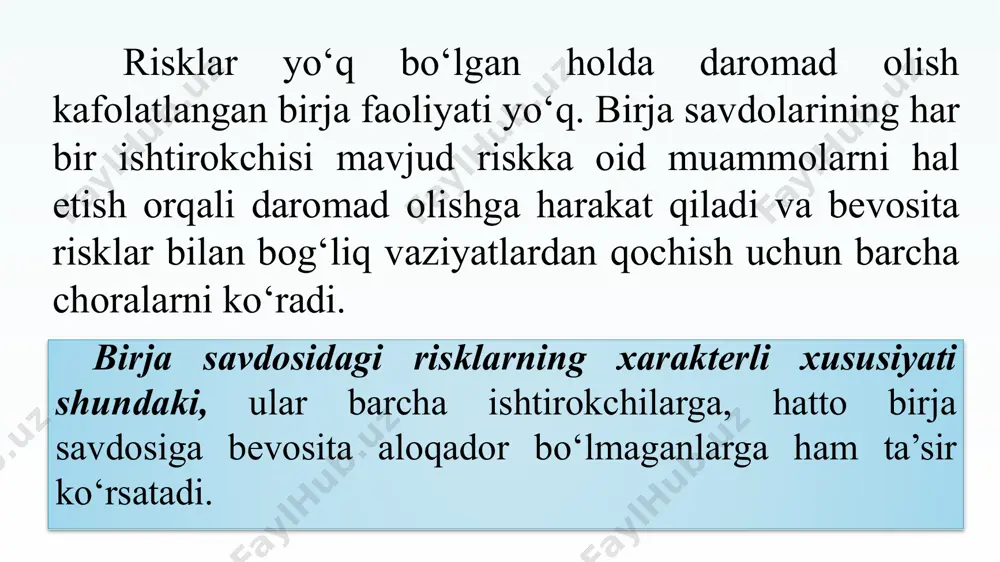 savdosi qatnashchilari ixtiyorida mavjud bo‘lgan baholash usullari, uslublari va metodlarini tanlashga, shuningdek, eng maqbul riskka yondashishga majbur sanaladi. birja risklarni minimallashtirish bo‘yicha choralar guruhiga hedjerlash, moliyaviy zaxiralar yaratish, diversifikatsiya, boshqariluvchan risk omillariga birjachi ta’sirining variantli tizimini joriy qilish kabilar kiradi. 2. defolt va soliqqa tortish riskining aktivlarga ta’siri misol uchun, ba’zan bir xil daromadlilik va qaytarish muddatiga ega bo‘lgan obligatsiyalar turli narxlarda sotiladigan vaziyatga duch kelish mumkin. ushbu farqlar boshqa omillarning qimmatli qog‘ozlar qiymatiga ta’siri bilan shartlangan bo‘lib, bu ular tashqi ko‘rinishidangina bir xil tuyulishini anglatadi. bir xil fiksirlangan pul tushumlari oqimini ta’minlaydigan obligatsiyalar bir qator sabablarga ko‘ra o‘zaro farq qilishi mumkin. bunda defolt riski va soliqqa tortish shartlari muhim ahamiyat kasb etadi. misol tariqasida bir yildan keyin 1000 sh.b. to‘lov talab qilinadigan obligatsiyani ko‘rib chiqamiz. faraz qilaylik, aqsh g‘aznachiligining yillik obligatsiyalari bo‘yicha foiz stavkasi yiliga 6% ni tashkil etadi. bu qimmatli qog‘ozlar defolt riskiga duchor bo‘lmaydi va shuning uchun …