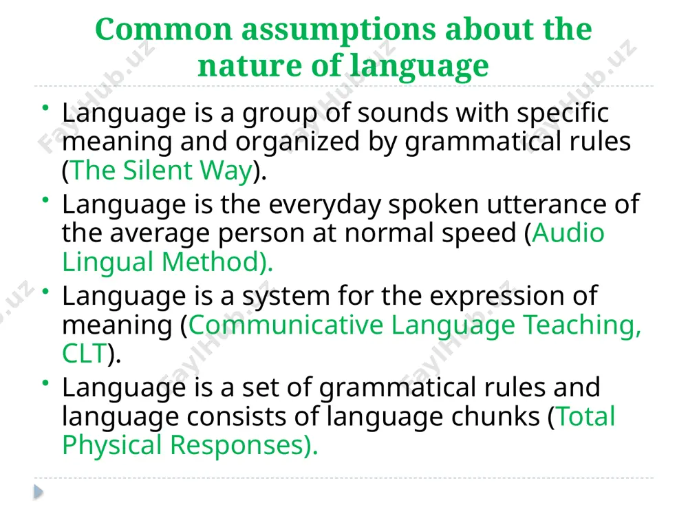 uctively. culture is considered an important aspect of learning the language language teaching methods: the audio-lingual method mimicry-memorisation method or army method accurate imitation of natural conversation by native speakers. objective: to achieve effective aural-oral skills the main sources of the audio-lingual method structuralist grammar behaviourist psychology language is to be analysed as form, as a corpus of data language is to be distributed systematically into its basic elements: sentence-clause-group-word-morpheme-phoneme. then these elements are ordered into sentence patterns "the more patterns you are familiarised with, the better you speak the language." human behaviour, including verbal behaviour, is directed by habits a verbal habit signifies automatic control over a given sentence pattern the process of internalisation: stimulus-response-reinforcement verbal stimulus-decoding-encoding-verbal response: right: reinforcement /wrong: correction right response-reinforcement if several stimuli of the same pattern are followed by reinforced responses, the habit becomes fixed. audio -lingualism content: grammar is in focus again: syntax …