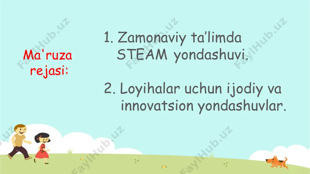 aoliyati kuchayadi. hamkorlikdagi ta’limni tashkil etish. demokratlilik, tenglik, ta’lim beruvchi va ta’lim oluvchi o‘rtasidagi subektiv munosabatlarda hamkorlikni, maqsad va faoliyat mazmunini shakllantirishda va erishilgan natijalarni baholashda birgalikda ishlashni joriy etishga e`tiborni qaratish zarurligini bildiradi. muammoli ta’lim. ta’lim mazmunini muammoli tarzda taqdim qilish orqali ta’lim oluvchi faolligini oshirish usullaridan biri. bunda muammo va uni hal etish usullari, dialektik mushohadani shakllantirish va rivojlantirish, amaliy faoliyatga ularni ijodiy tarzda qo‘llashning mustaqil ijodiy faoliyati ta’minlanadi. axborotni taqdim qilishning zamonaviy vositalari va usullarini qo‘llash – yangi kompyuter va axborot texnologiyalarini o‘quv jarayoniga qo‘llash. keltirilgan kontseptual yo‘riqlarga asoslangan holda, “matematik tasavvurlarni shakllantirish nazariyasi va metodikasi” kursining maqsad va vazifasi, tarkibiy tuzilishi va ta’lim jarayonida tutgan o‘rni, o‘quv axborotining mazmuni va hajmidan kelib chiqib, ma’lum sharoit va o‘quv rejasida belgilangan vaqtda o‘qitish, kommunikatsiya, axborot va ularni birgalikdagi boshqarishni kafolatlaydigan usullar va vositalar tanlovi amalga oshiriladi. steam taʻlimi – fan, texnologiya, muhandislik, sanʼat va matematika fanlaridan oʻquvchilar soʻrovi, …