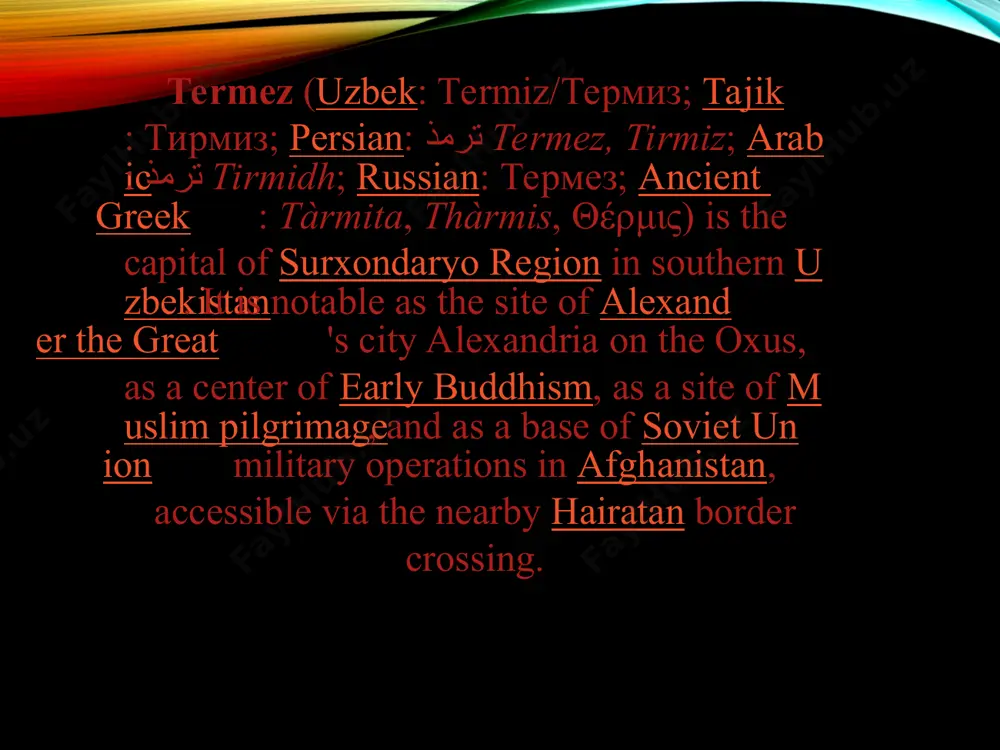 empires, producing notable scholars such as hadith collector imam al-tirmidhi and sufi master and theologian al-hakim al-tirmidhi. termez passed through the hands of the ghaznavid, seljuk, karakhanid, and khorezmshah kingdoms from the 11th to 13th centuries.[13] in 1220 after a two-day siege, the city was destroyed by the troops of genghis khan we set out from samarqand and reached tirmidh [termez], a large town with fine buildings and bazaars and traversed by canals. it abounds in grapes and quinces of an exquisite flavour, as well as in flesh-meats and milk. the inhabitants wash their heads in the bath with milk instead of fuller's earth; the proprietor of every bath-house has large jars filled with milk, and each man as he enters takes a cupful to wash his head. it makes the hair fresh and glossy . . . the old town of tirmidh was built on the bank of the …