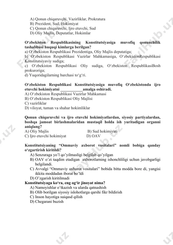 javob yo’q davlat hokimiyatini amalga oshirish usullari va uslublari tizimiga_____ deyiladi. a) demokratiya b) respublika c) siyosiy tartibot d) totalitarizm davlatning huquqqa bo‘lgan munosabatiga qarab qanday turlarga ajratish mumkin. a) etatik va huquqiy b) respublika va monarxiya c) unitar va federativ d) etatik, huquqiy va oraliq huquqiy davlatda davlat boshqaruvi___________________asoslanadi. a) qat’iy qonunlarga; b) parlament nazoratiga; c) ijro etuvchi hokimiyat qarorlariga; d) huquqning ustuvorligiga. qaysi so’zning ma’nosi “oldinda o’tiruvchi” degan ma’noni anglatadi? a) senat b) deputat c) prezident d) konsul o‘zbekiston respublikasi oliy majlisi necha palatali ekanligini toping? a) 2 b) 3 c) 1 d) to’g’ri javob yo’q davlat hokimiyatining tizimi qaysilar? a) qonun chiqaruvchi, vazirliklar, prokratura b) prezident, sud, hokimiyat c) qonun chiqaruvchi, ijro etuvchi, sud d) oliy majlis, deputatlar, hokimlar o‘zbekiston respublikasining konstitutsiyasiga muvofiq qonunchilik tashabbusi huquqi kimlarga berilgan? a) o‘zbekiston respublikasi prezidentiga, oliy majlis deputatiga; b) o‘zbekiston respublikasi vazirlar mahkamasiga, o‘zbekistonrespublikasi konstitutsiyaviy sudiga; c) o‘zbekiston respublikasi oliy …