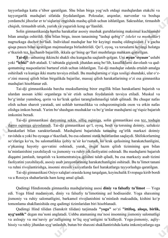 ‘tish, tirmashib chiqish, tirmashib utish va boshqalar) mashqlar sifatida foydalanildi. afinada shu davrdagi qadimgi yunon madaniyatining markazi, hunarmandchilik, savdo-sotiq, dengiz floti, ilm-fan va san’at yaxshi rivojlangan edi. bu erda garmonik rivojlangan shaxsni tarbiyalash g‘oyasi paydo bo‘ldi va amalda amalga oshirildi. bu davlatda, shuningdek, spartadagiga uxshab 7 yilgacha bo‘lgan bolalar ota-onalari tomonidan tarbiyalangan, so‘ngra boy ota-onalarning o‘g‘illari musitik maktablarga ("muse" so‘zidan — fan va san’at homiysi), 12 yildan 13 yilgacha esa davlat maktabi — palaestra ("palee" so‘zidan — kurash) o‘qitilgan. gimnastika mashqlaridan to‘p o‘yinlari, tirmashib chiqish va muvozanat mashqlari, yugurish va to‘siqlarni engib o‘tish o‘yinlaridan keng foydalanildi. bolalarga nayza va qalqon, drotik va kamon, xanjar va boshqa qurollar bilan mashqlar ham o‘rgatilgan. nafaqat jismoniy, balki bolalarning ma’naviy tarbiyasiga ham katta e’tibor qaratilgan. gimnastika mashqlari yordamida dadillik, ishonch, o‘z-o‘zini nazorat qilish, sabr-toqat, e’tiborlilik va sezgirlik tarbiyalandi. qadimgi rim tajovuzkor urushlarini olib bordi va asosan quldor xalqlar mehnati bilan yashadi. bu kuchli, jasur, …