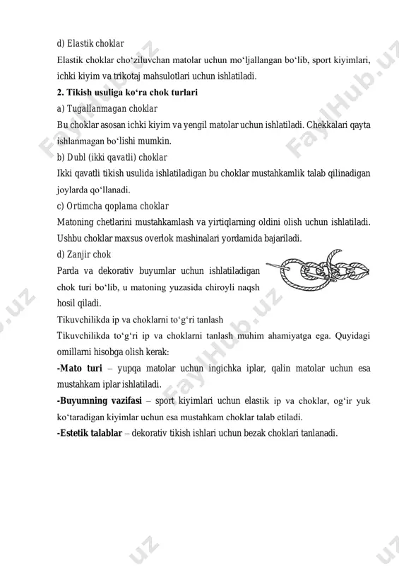 rli choklarni tikish: tikuv mashinalari yordamida chok tikish texnologiyasi zamonaviy tikuvchilik sanoatining ajralmas qismidir. quyidagi asosiy chok turlari tikuv mashinalari orqali bajariladi: • to‘g‘ri chok bu eng oddiy va keng qo‘llaniladigan chok turi bo‘lib, matolarni oddiy usulda tikish uchun ishlatiladi. tikuv mashinalari ushbu chokni tez va aniq bajaradi. • sirkulyar chok (zigzag chok) elastik chok bo‘lib, cho‘ziluvchan matolar uchun ishlatiladi. ushbu chok sport kiyimlari va ichki kiyimlar uchun juda mos keladi. • overlok chok overlok mashinalari yordamida bajariladi va matoning chetlarini qirqib, ularni so‘kilishdan saqlaydi. ushbu chok trikotaj va jinsi matolar uchun keng qo‘llaniladi. • zanjir chok dekorativ tikish ishlari uchun qo‘llaniladi va buyumlarning estetik ko‘rinishini oshiradi. kashtachilikda keng foydalaniladi. choklarni bajarish jarayoni chok tikish jarayoni quyidagi bosqichlardan iborat: 1.mato va ip tanlash – mos keluvchi ip va mato tanlanadi. 2.chok turini belgilash – buyumning vazifasiga qarab chok turi tanlanadi. 3.matoni tayyorlash – tikish oldidan matolar kesib olinadi va tekislanadi. …
