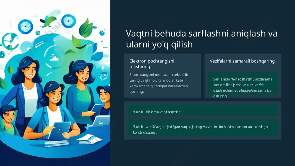 oiy xizmatlar sohasida eng so'nggi ishlanmalar, ilg'or tajribalar va rivojlanayotgan texnologiyalardan xabardor bo'ling. strategiyalarni proaktiv tarzda moslashtirish yangi muammolarni hal qilish va paydo bo'layotgan imkoniyatlardan foydalanish uchun yondashuv va jarayonlaringizni tezda aylantiring. 11 taklif va tavsiyalar komanda bilan to'g'ri bog'lanish: komandaning barcha a'zolari o'rtasidagi kommunikatsiya muhimdir. regular muloqotlar, progress haqida ma'lumotlar almashish va muammolar yechilishi uchun qulay imkoniyatlar yaratish lozim. vazifalarni va prioritetlarni aniqlash: har bir vazifani aniqlab, ularga muddati berilishi va ularning urg'uli darajasini belgilash juda muhimdir. bu, faoliyatni tizimli va samarali qilishga yordam beradi. ish vaqti boshqarish: har bir vazifani bajarish uchun to'g'ri vaqt ajratish juda muhimdir. vaqt boshqarish vositalaridan foydalanish, masalan, elektron kalendarni yoki tizimli dasturlar bilan ishlay olasiz. kritik vazifalarga e'tibor: komanda a'zolari o'rtasida samarali va qat'iy xisoblash va muddatlar bilan vazifalar bajarilishi lozim. kritik vazifalar va qo'shimcha yordamni ta'minlashga o'z vaqtini ajratish juda muhim. 12 xulosa ijtimoiy xizmat faoliyatida samarali taym menedjmentning asosiy qo'llanilishi tizimli …