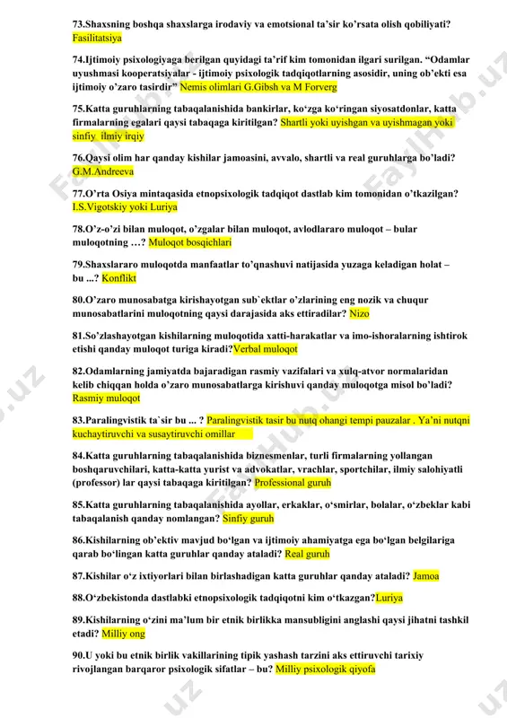 ta ko‘rishib turgan suhbatdoshlardagi taassurotlarning ijobiy bo‘lishiga 7%... ta’sir ko‘rsatadi? gaplar 55.megrabyanning formulasiga ko‘ra, birinchi marta ko‘rishib turgan suhbatdoshlardagi taassurotlarning ijobiy bo‘lishiga 38%... ta’sir ko‘rsatadi? paralingvistik omillar 56.megrabyanning formulasiga ko‘ra, birinchi marta ko‘rishib turgan suhbatdoshlardagi taassurotlarning ijobiy bo‘lishiga 58%... ta’sir ko‘rsatadi?noverbal 57.noverbal vositalarning vizual, akustik, taktil shaklini ajratib ko‘rsatgan olimning nomini ayting g.v.kolshanskiy 58.katta guruh vujudga kelishining qaysi bosqichida guruh a’zolari ob’ektiv jihatlari va belgilari bilan o’xshash bo’ladi? rejali tarkib topadigan 59.til asosiy vosita hisoblangan muloqot tomoni? muloqotning kommunikatuv tomoni 60.nutqning ko‘tarinkiligi, ovoz tonining balandligi, tembri, urg‘u berishi, pauza kabi kabi umumiy ritmik-intonatsion tomonlarini qaysi tizimga kiritiladi? kommunikativ 61.katta guruh vujudga kelishining qaysi bosqichida guruh a’zolari ushbu guruhga mansubligini anglashi va o’zini shunga mos tutishi kuzatiladi? 62.individning har qanday sharoitda ham guruh fikriga qarshi turishi fanda qanday ataladi?negatizm 63.o’zbek tilida “moslashuv” ma`nosini anglatadigan tushuncha?adaptatsiya 64.guruhlarni rasmiy va norasmiy guruhlarga bo’lib o’rganishni taklif etgan olim kim ? miyo .e 65.guruh – …