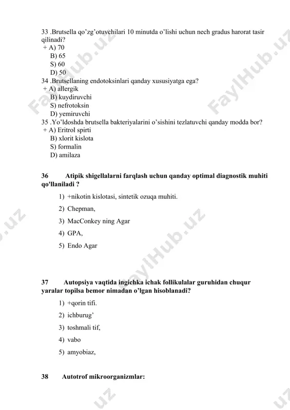 sh bilan ekish 1. shpatel bilan ekish. 1. tampon bilan ekish 1. sektorlar boʻylab ekish. 49 bakteriofagiya hodisasini quyidagi olim tomonidan o'rganilgan: 1. +de erell. 1. l.paster 1. r.kox, 1. d.ivanovskiy 1. e.mechnikov, 50 bakteriologik tekshirish uchun olingan balgʻam xona haroratida qancha muddatdan ortiq vaqt saqlanishi mumkin emas ? 1. +2 soatdan ortiq boʻlmagan muddatda, 1. 10 soatdan ortiq boʻlmagan muddatda. 1. 12 soatdan ortiq boʻlmagan muddatda 1. 13-15 soatdan ortiq boʻlmagan muddatda 1. 30 daqiqagacha boʻlgan muddatda. 51 bakteriologik tekshirish uchun olingan oʻt suyuqligi laboratoriyaga qancha vaqt ichida yetkazilishi lozim ? 1. +1-2 soat ichida, 1. 4 soat ichida 1. 12 soat ichida. 1. 6-8 soat ichida. 1. 330 daqiqa ichida 52 bakteriologik tekshirish uchun olingan siydikning qaysi shakli tekshirilmaydi ? 1. +tuvakdagi siydik, 1. antibiotikoterapiyagacha olingan. 1. ertalabki olingan, erkin holda ajralgan siydikning oʻrta porsiyasi. 1. steril idishga yigʻilgan. 1. jinsiy aʼzolar yuvilgandan keyin olingan. 53 bakteriyalar «taksis»i …