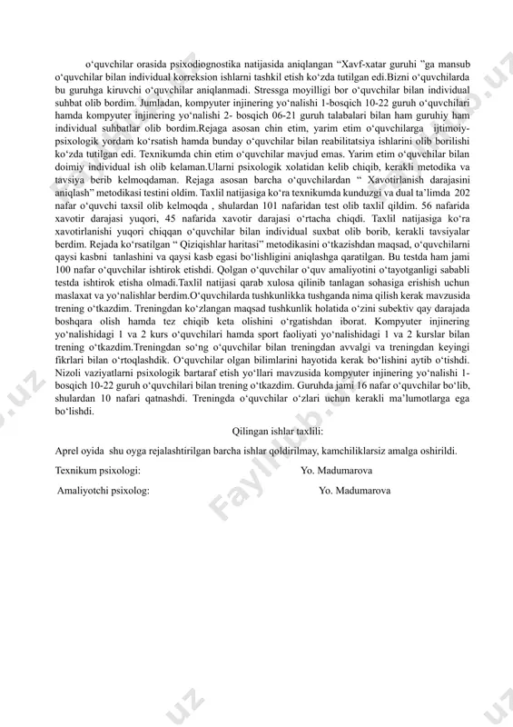 otlar olib borildi. rejaga asosan mart oyining uchunchi haftasida ta’lim taraqqiyoti, tarbiya hamda kasbiy shakllanish mavzulari yuzasidan suhbatlar tashkillandi. yoshlar o‘rtasida turmush qurish, o‘zaro munosabat, muomala va muloqot sirlari, tengdoshlar munosabati va dunyoqarashi hamda ularning qobiliyatlari va iqtidorlarini namoyon bo‘lishidagi muammolari yuzasidan texnikum o‘qituvchilariga, xodimlariga va o‘quvchilariga individual, guruhiy, jamoaviy tarzda maslahatlar uyushtirildi. mart oyining to‘rtinchi yakunlovchi haftasida bir oy davomida o‘quvchilar bilan birgalikda qilingan ishlar hisobotini hamda motivatsion aforizmlar, psixologik roliklar va intellektual rivojlantiruvchi mashqlar ta’lim muassasasining ijtimoiy tarmoqlardagi rasmiy sayti kanal va gruppalariga muntazam joylab borildi. ta’lim muassasasi jamoasi bilan birgalikda talabalar uchun tashkil etiladigan ko‘ngilochar tadbirlar, konsert dasturlari va turli bellashuvlarda ishtirok etish rejasiga asosan texnikumdagi guruhlar o‘rtasida sport musobaqasi o‘tkazildi. sport turlaridan voleybol va stol tennis bo‘yicha sport musobaqasi tashkillandi. musobaqa natijagalarga ko‘ra voleybol sport turi bo‘yicha birinchi o‘rinni sport yo‘nalishining 21-23 guruh o‘quvchilari g‘olib deb topildi. ikkinchi o‘rinni kompyuter yo‘nalishining 19-23 guruh o‘quvchilari g‘olib deb …