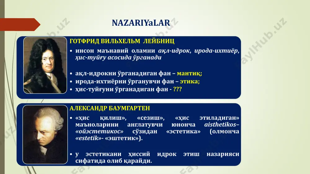 rang. she'r vaznga ega.  she'rni musiqa asboblari jo'rligida qo'shiq qilib aytish mumkin. maddoh (deklomator) tinglovchiga yoqmagan bayt o'rniga boshqasini o'qishi mumkin, oyatlarga esa bu tariqa munosabatda bo'lish mumkin emas.  she'r yaratish insonga xos, shuning uchun u she'rdan lazzatlanadi. oyatlar xudoning kalomi, uni inson yarata olmaydi.  manfaatsiz go'zallik qalb sezgisi vositasida his etiladigan go'zallik bo'lib, u muhabbat tushunchasi bilan bog'liq holda tadqiq etiladi.  go'zallik - go'zallikni anglab etgan odam uchungina muhabbat obektidir. go'zallikni anglab etishning o'zi yoqimli, o'z-o'zicha muhabbat obekti bo'lishi mumkin.  oliy darajadagi go'zallik – bu faqat o'z kamolotining barcha qirralariga to'liq ega bo'lgan narsalardir.  tug'ma nafosat tuyg'usining mavjudligi haqidagi g'oyani go'daklar va hayvonlarning ham nafosat tuyg'usiga ega ekanligi bilan isbotlashga intiladi. abu homid muhammad al-g'azzoliy (1058-1111) ichki va tashqi go'zallik g'oyasini ilgari suradi; so'zga alohida e'tibor beradi. so'z - ko'ngil qutisi ichidagi gavhardir. badiiy asar faqat go'zallikni kuylashi bilangina cheklanishi kerak emas, balki …