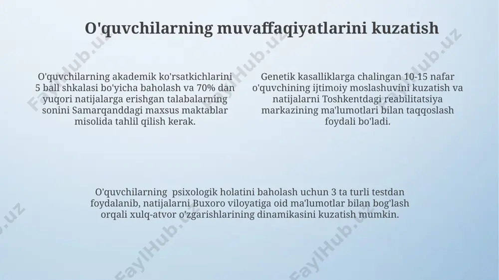 quv rejalari yaratildi. o'quv jarayonini moslashtirishda, 5 ta asosiy genetik kasalliklar (masalan, daun sindromi) hisobga olinib, 2023 yilgi davlat standartlariga muvofiq, maxsus mashg'ulotlar rejalari tuziladi. ota-onalar bilan hamkorlik ota-onalar bilan ishlashda genetik kasalliklarga chalingan 20 dan ortiq bolaning oilaviy tarixini batafsil o'rganish, masalan, toshkentdagi genetika markazlari bilan hamkorlikda, muhim ahamiyatga ega. genetik kasalliklarga chalingan 5-10 yoshli bolalar bilan ishlashda ota-onalar bilan samarali aloqa o'rnatish, ularning 30% ga yaqinini tashkil etadigan ruhiy holatini hisobga olish zarur. samarqanddagi maxsus maktablarda o'qiyotgan 15 nafarga yaqin o'quvchilarning ota-onalari bilan muntazam uchrashuvlar o'tkazish va ularga 7 turdagi qo'llab-quvvatlash xizmatlarini taqdim etish muhimdir. o'quvchilarning individual ehtiyojlarini aniqlash samarqanddagi inklyuziv maktab tajribasi shuni ko'rsatdiki, o'quv jarayonida audio-vizual vositalar va individual yondashuv (1:1 yoki 1:2 nisbatda) o'quvchining muvaffaqiyat darajasini 30% ga oshirdi. genetik kasalliklar bilan og'rigan o'quvchilarning intellektual rivojlanish darajasi turlicha bo'lishi mumkin, shuning uchun diagnostika jarayonida iq testlari va psixologik baholarni o'tkazish, toshkentdagi mutaxassislar bilan maslahatlashish zarur. …