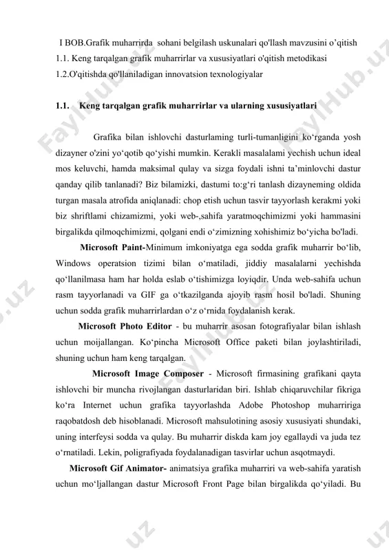 ari bilan jiddiy shug‘ullanmoqchi bo’lsangiz coreldrawni tanlashni tavsiya etamiz. mutaxassislik mavqeingizni ko‘taradi. muharrir rastr va vetor grafikani yaratish va qayta ishlash, web-dizayn, verstka, rangni taqsimlash, yangi shriftlami ishlab chiqish, shtrix-kodlarni kiritish masalalarini a’lo darajada bajaradi. poligrafiya uchun eng yaxshi dastur hisoblanadi. qo'shimcha dasturlar, u bilan birga tarqatiladigan, animatsion vektor grafikasi bilan ishlashni ta’minlaydi. bu muharrir ko'p sahifali hujjatlami qo’llab quvvatlaydi. ammo, yuqori quvvatlilik natijasi kompyuterning resurslariga talabchanlik hisoblanadi. shunday qilib, hozirgi vaqtda eng yaxshi grafik muharrirlar tarkibiga quyidagilarni kiritish mumkin: • vektor grafikaning muharriri - coreldraw. • animatsion vektor grafikaning muharriri - macromedia, adobe flash. • web-sahifa muharriri - microsoft frontpage. • rastr grafika muharriri - adobe photoshop. yuqorida sanab o‘tilganlarning har biri kompyuter grafikasining biror bir sohasida yetakchi o‘rinlami egallaydi. lekin, bu firmalarning har biri raqobatchilar bilan kurashish quroli sifatida grafik muharrirlarni ham chiqardi. bu yerda tarafdorlar qandaydir mahsulotning oldingilaridan ham foydalanishlari hisobga olingan. barcha firmalar rastr, vektor, animatsion …