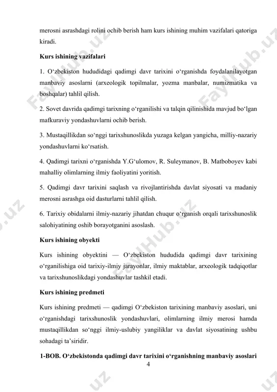 gan. bu topilmalar hududda diniy tolerantlik va madaniy xilma-xillik mavjud bo‘lganini ko‘rsatadi. tuproqqal’a — ellikqal’a tumanida joylashgan qadimgi xorazm shahri hisoblanadi. miloddan avvalgi i asr va milodiy iv asrlarda mavjud bo‘lgan bu shahar o‘zining saroy majmuasi, ma’muriy binolari, devoriy suratlari bilan ajralib turadi. tuproqqal’adan topilgan moddiy madaniyat namunalari — keramika, tangalar, yozuvlar xorazmda rivojlangan davlat boshqaruvi va shaharsozlik madaniyati mavjud bo‘lganini ko‘rsatadi. umuman olganda, ushbu yodgorliklar nafaqat o‘zbekiston qadimgi davr tarixini, balki butun markaziy osiyo sivilizatsiyalarining rivojlanishini o‘rganishda muhim ilmiy asos bo‘lib xizmat qilmoqda. ular orqali qadimgi jamiyatlarning turmush tarzi, diniy qarashlari, tashqi aloqalari va davlat tizimlari haqida boy tarixiy ma’lumotlar olinmoqda. o‘zbekistonda arxeologik tadqiqotlar tarixiga qisqacha nazar o‘zbekiston hududida arxeologik tadqiqotlar tarixi xix asrning ikkinchi yarmidan boshlanadi. bu davrda rus olimlari tomonidan ilk arxeologik kuzatuvlar va sirtqi tekshiruvlar o‘tkazila boshladi. ayniqsa, v.v.bartold, i.a.kastanayev va boshqa sayyoh-tadqiqotchilarning ishlari ilk tarixiy-topografik ma’lumotlarni jamlashga asos soldi. ammo bu faoliyat ko‘proq umumiy kuzatuvlar …